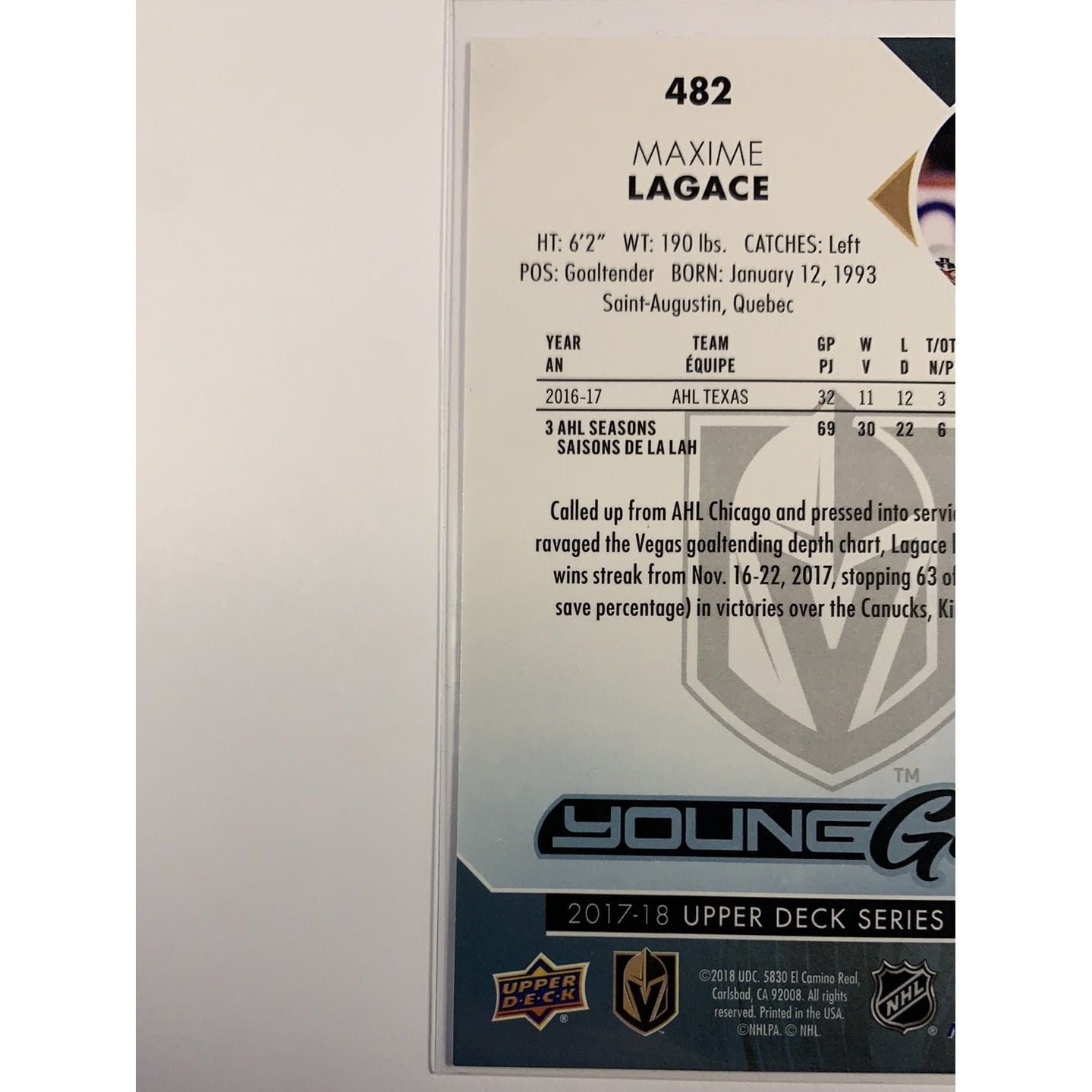 2017-18 Upper Deck Series 2 Máxime Lagace Young Guns | Local Legends Cards & Collectibles