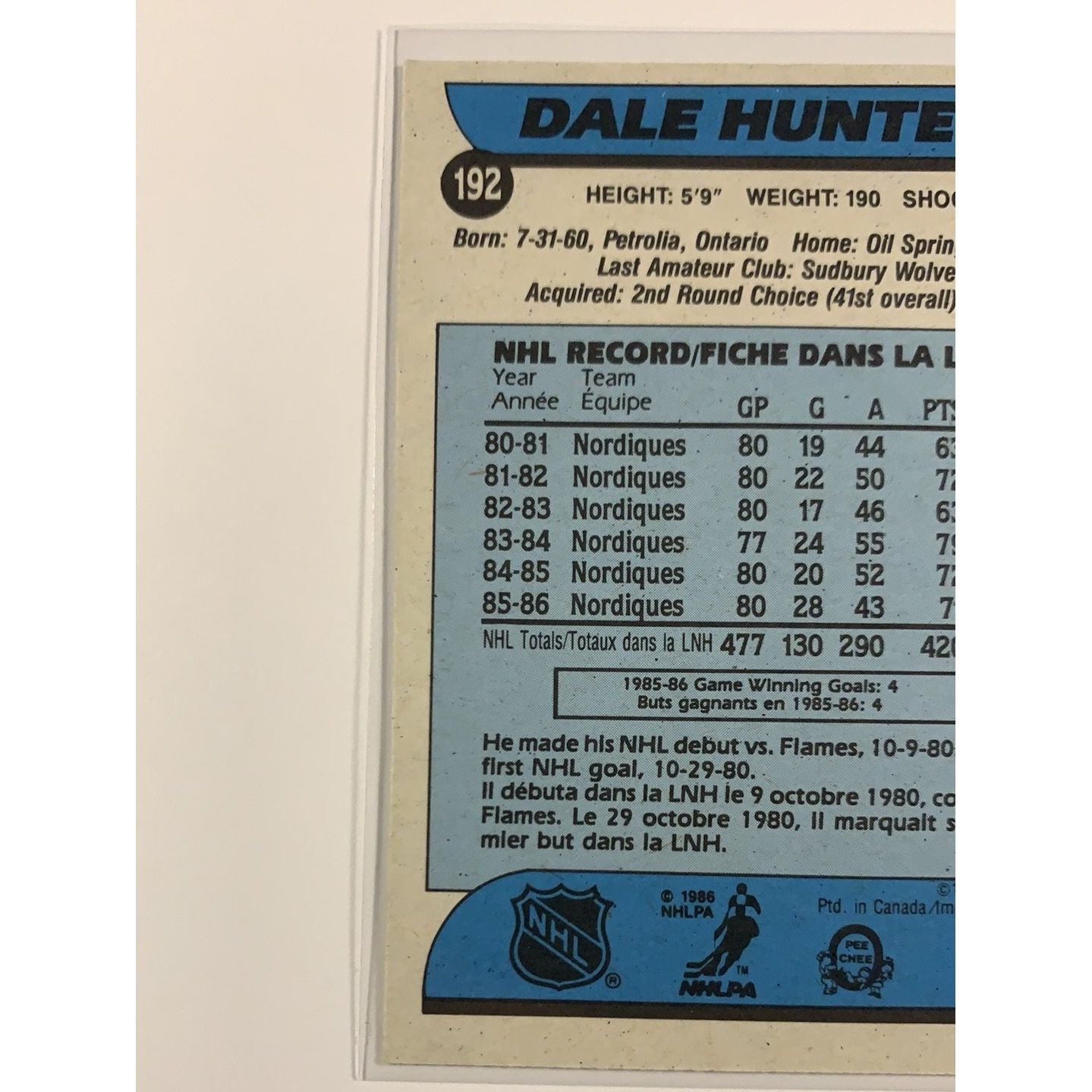 1986-87 O-Pee-Chee Dale Hunter Base #192 Local Legends Cards & Collectibles