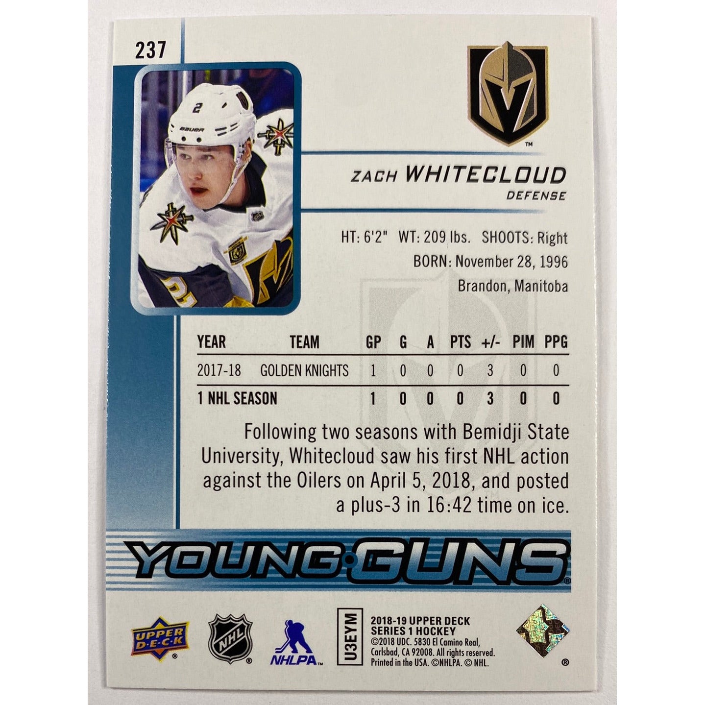 2018-19 Upper Deck Series 1 Zach Whitecloud Young Guns | Local Legends Cards & Collectibles