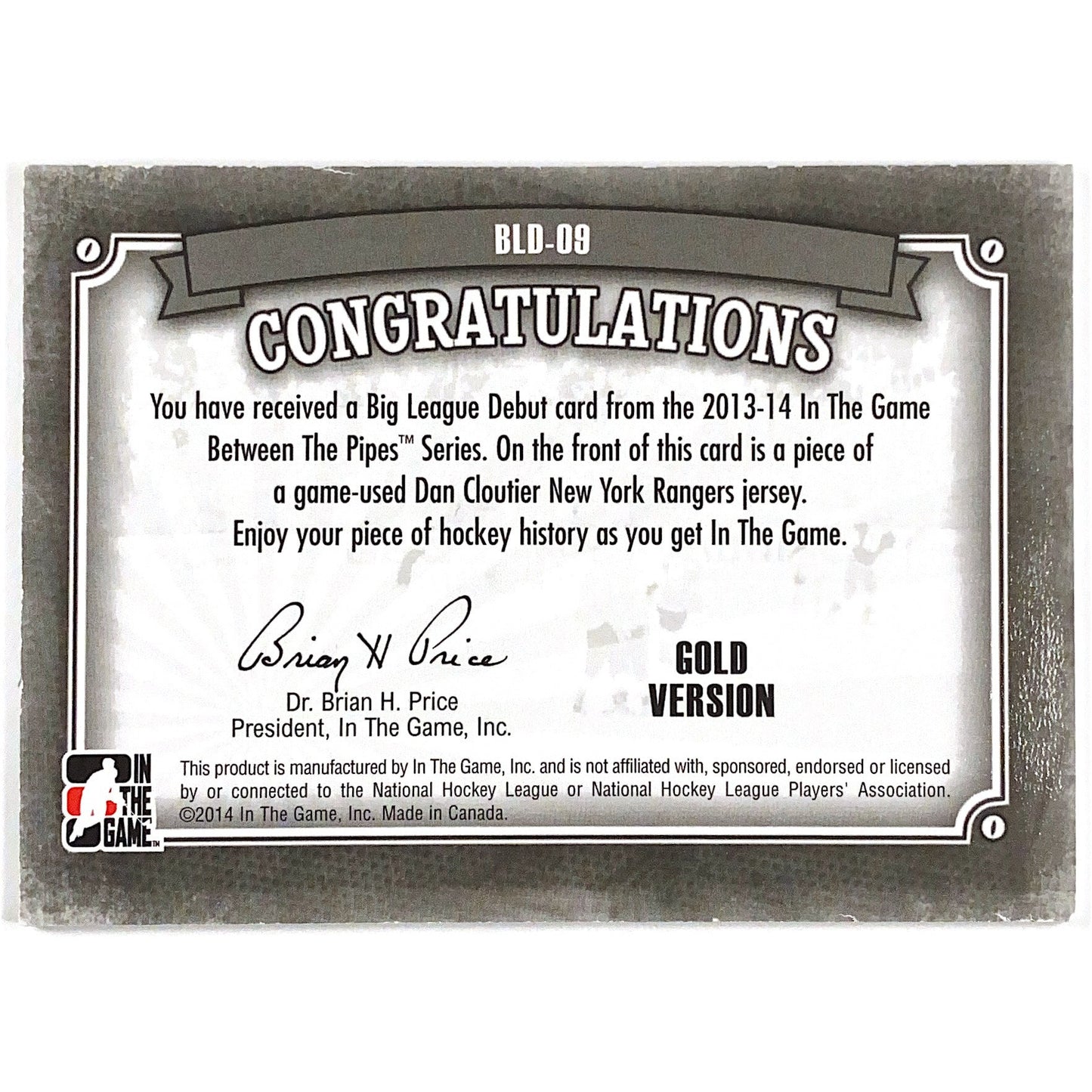 2013-14 In The Game Dan Cloutier Gold Version Big League Debut Patch 1/1 | Local Legends Cards & Collectibles