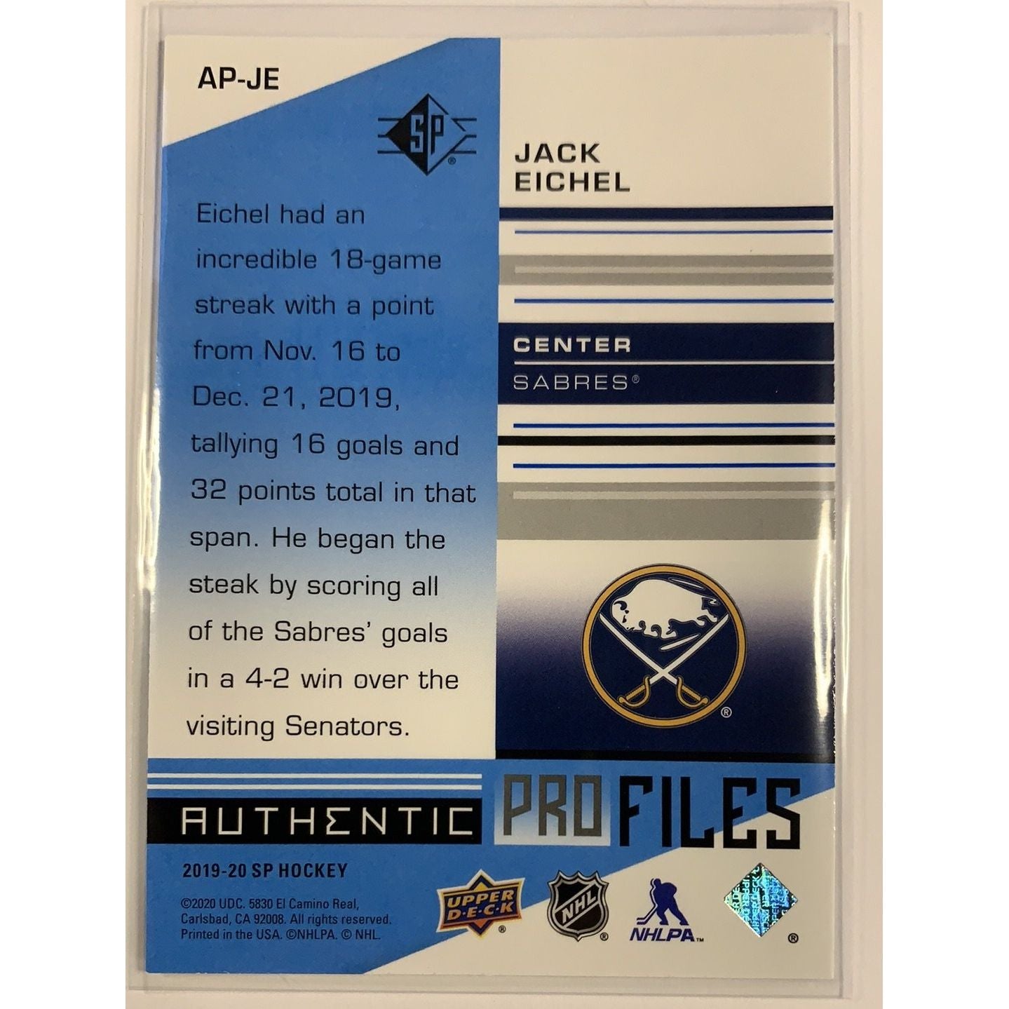 2019-20 SP Jack Eichel Authentic Pro Files Local Legends Cards & Collectibles