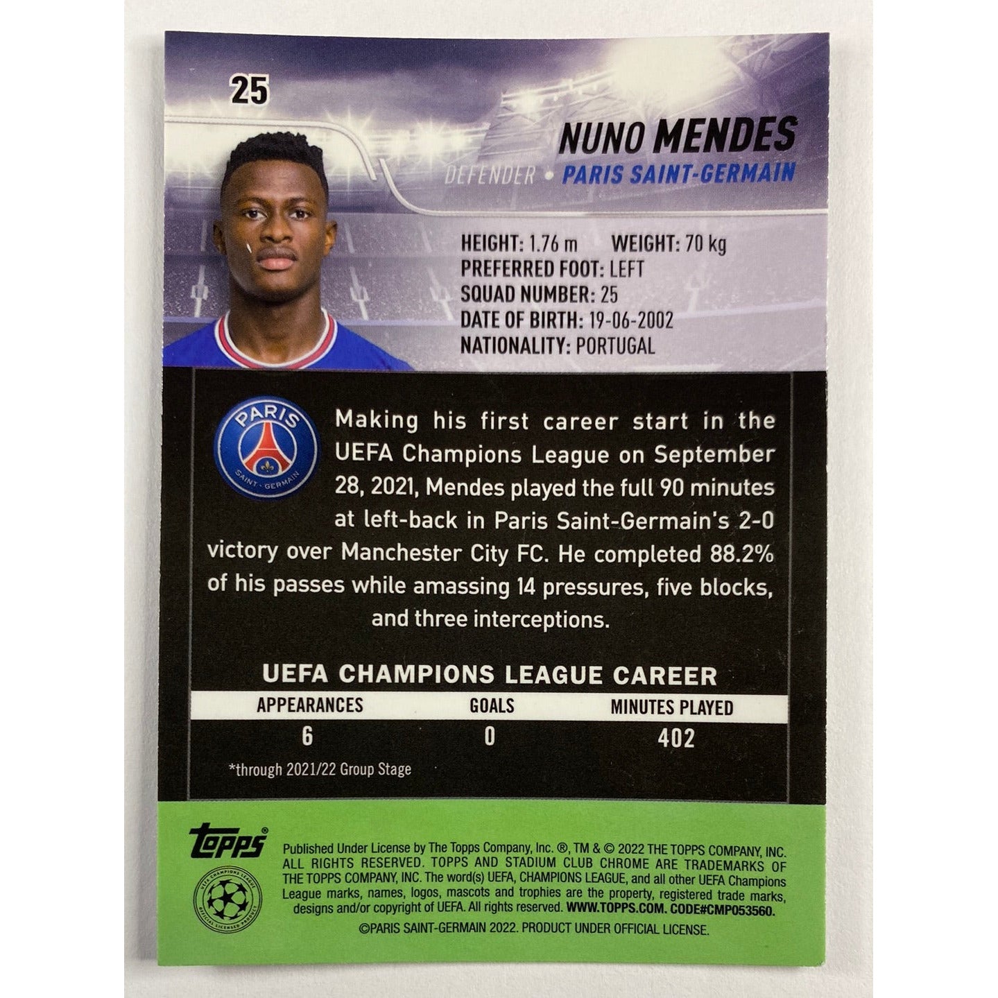 2022 Stadium Club Chrome Nuno Mendes RC | Local Legends Cards & Collectibles