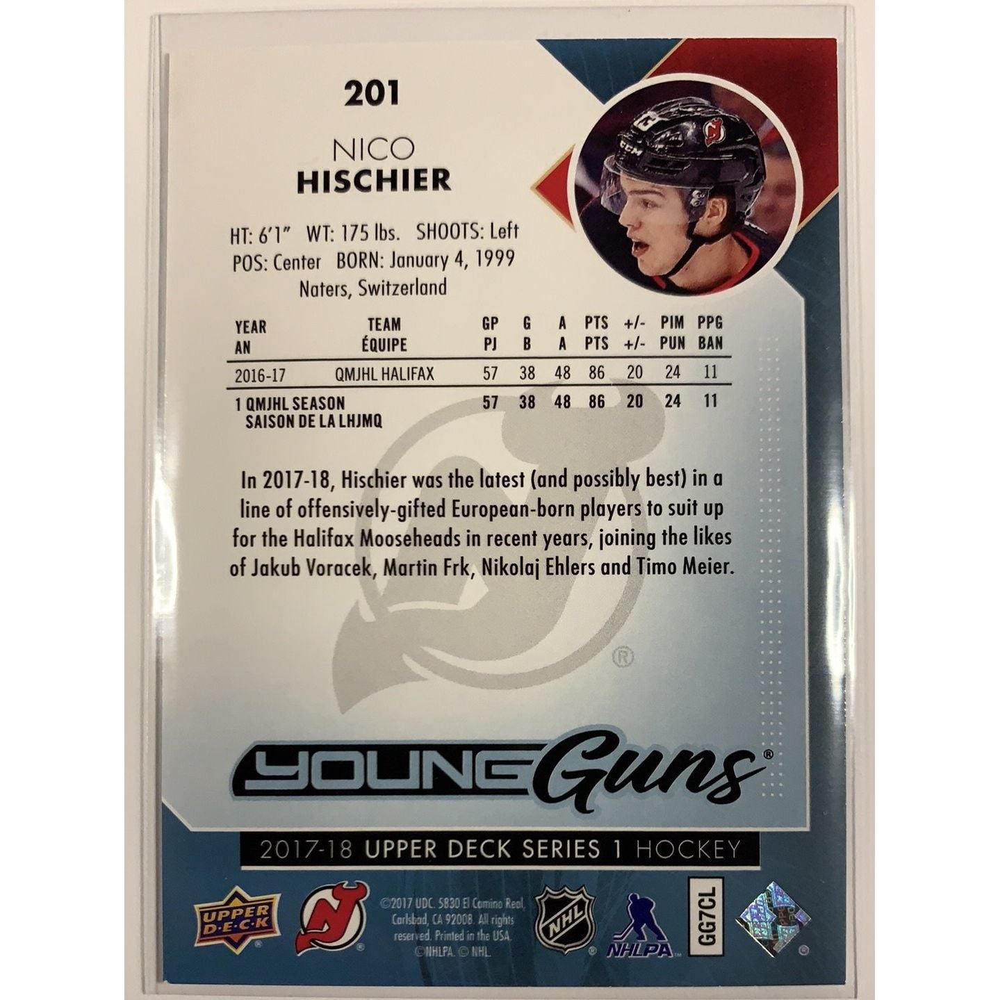 2017-18 Upper Deck Series 1 Nico Hischier Young Guns | Local Legends Cards & Collectibles