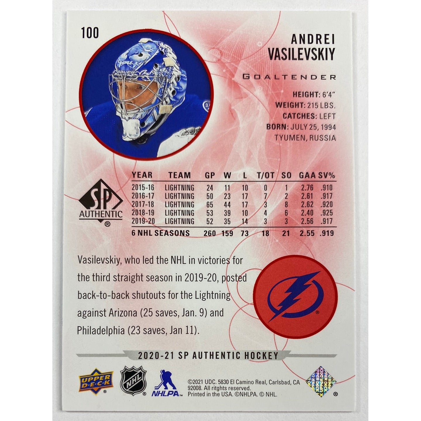 2020-21 SP Authentic Andrei Vasilevsky Red Parallel