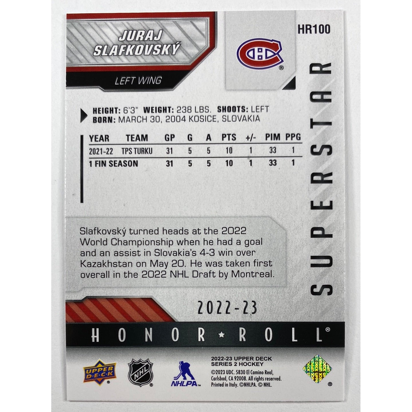 2022-23 Series 2 Juraj Slafkovsky Honor Roll | Local Legends Cards & Collectibles