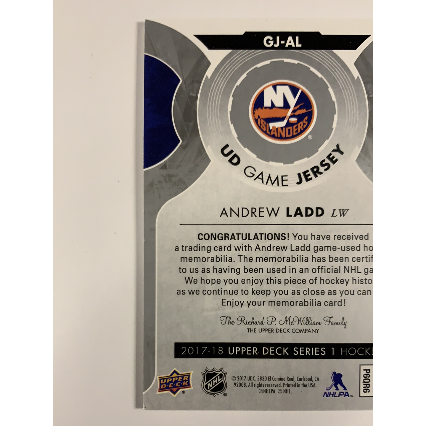 2017-18 Upper Deck Andrew Ladd Game Jersey | Local Legends Cards & Collectibles