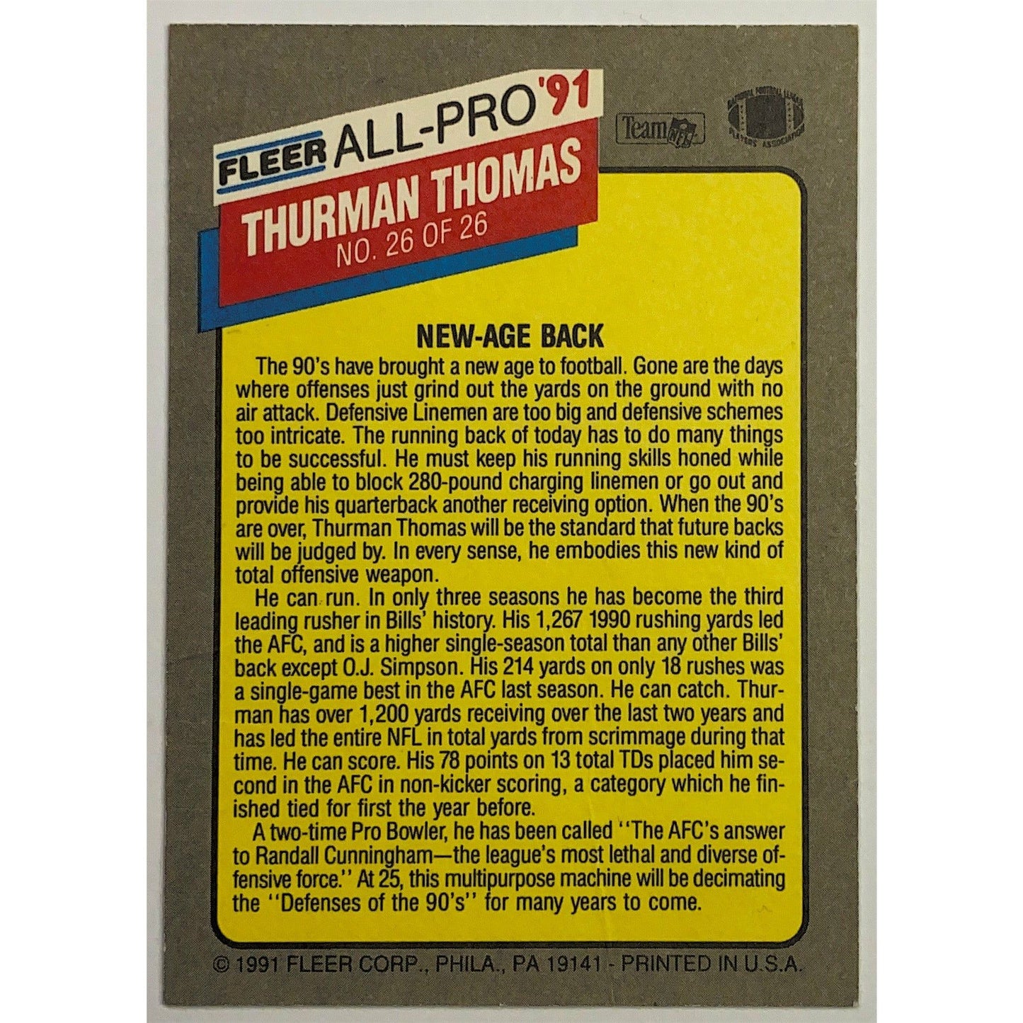 1991 Fleer Thurman Thomas All-Pro Insert #26 | Local Legends Cards & Collectibles