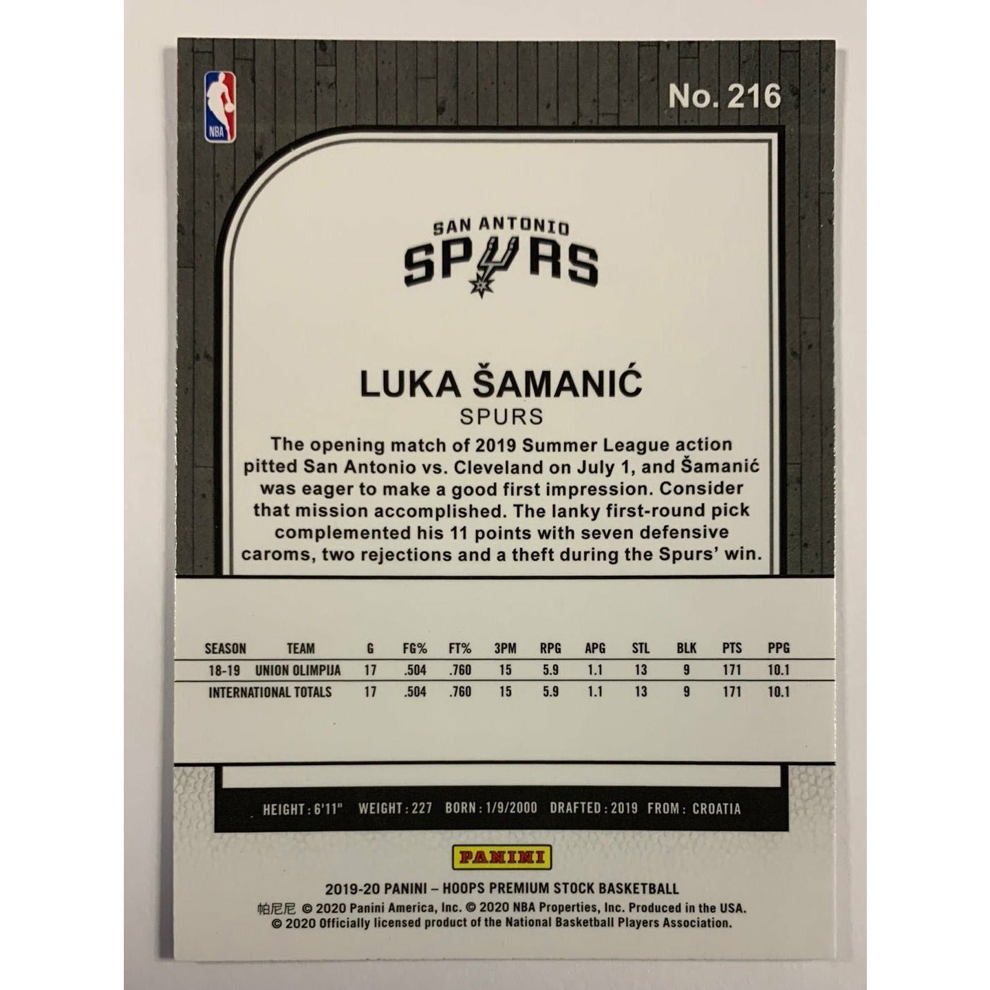 2019-20 Hoops Premium Stock Luka Samanic RC