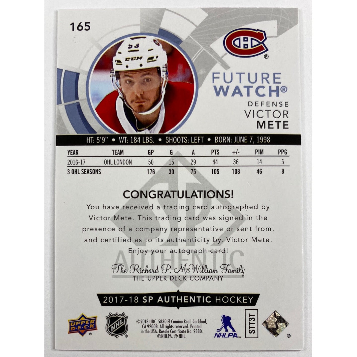 2017-18 SP Authentic Victor Mete Future Watch Auto /999 | Local Legends Cards & Collectibles