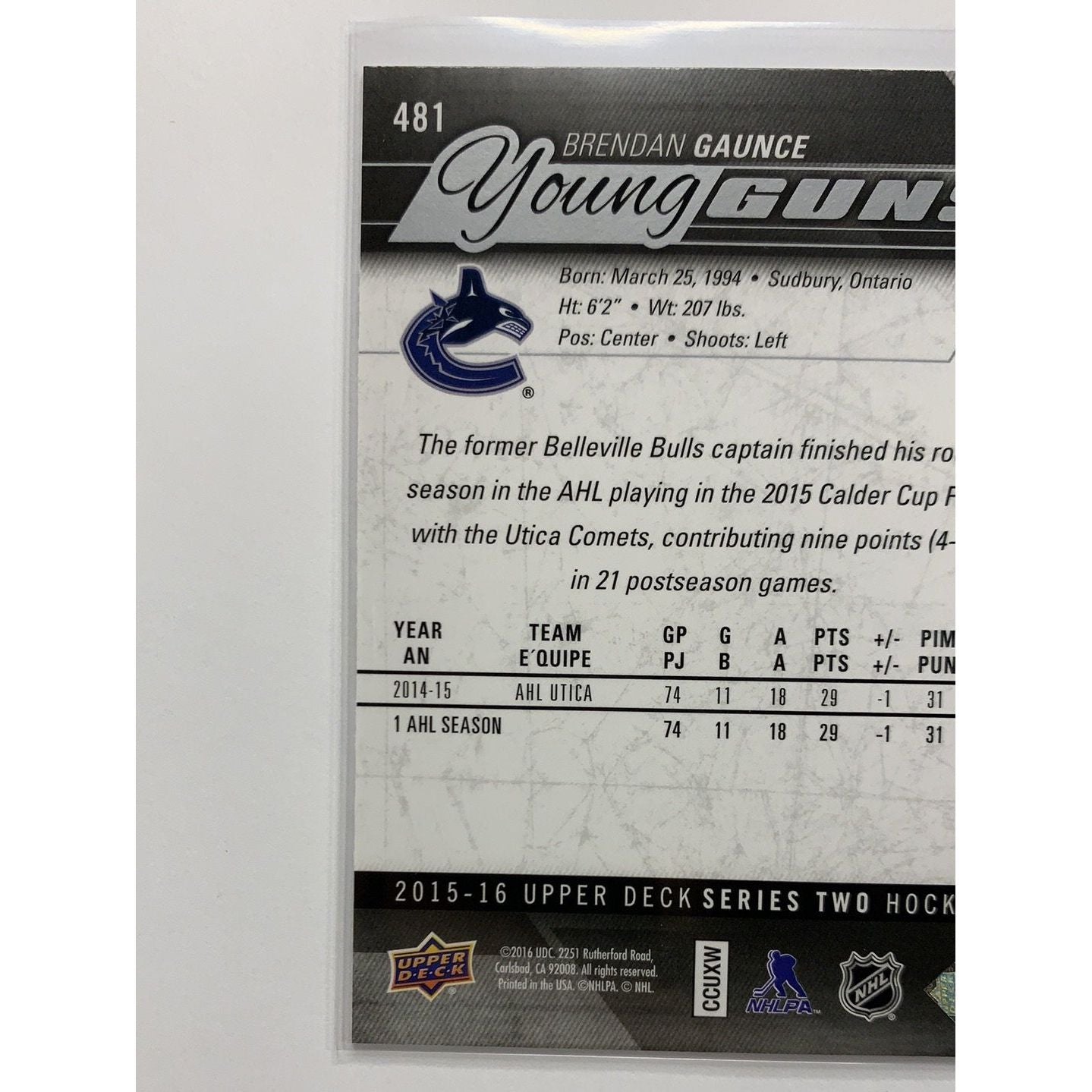 2015-16 Upper Deck Series Two Brendan Gaunce Young Guns | Local Legends Cards & Collectibles