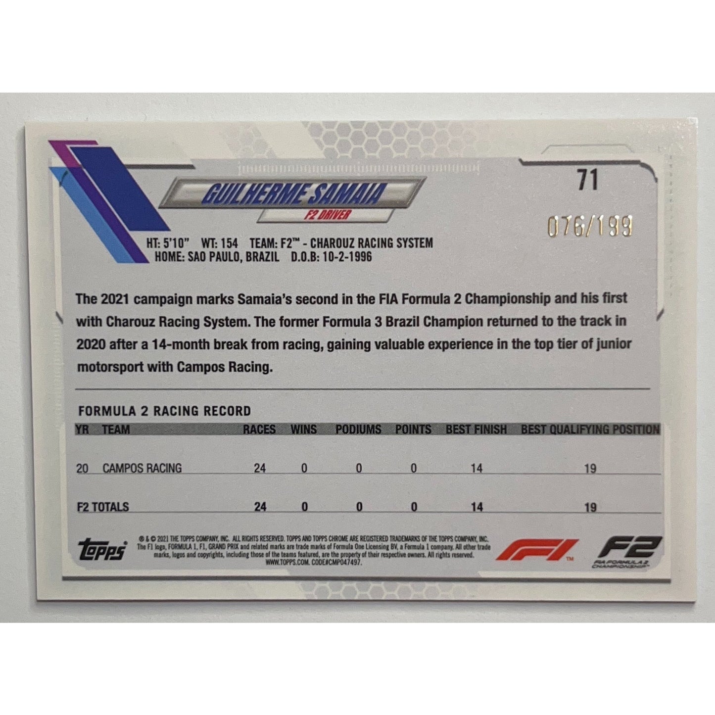 2021 Topps Chrome Formula 1 Guilherme Samaia Future Stars Checker Flag Purple Refractor /199