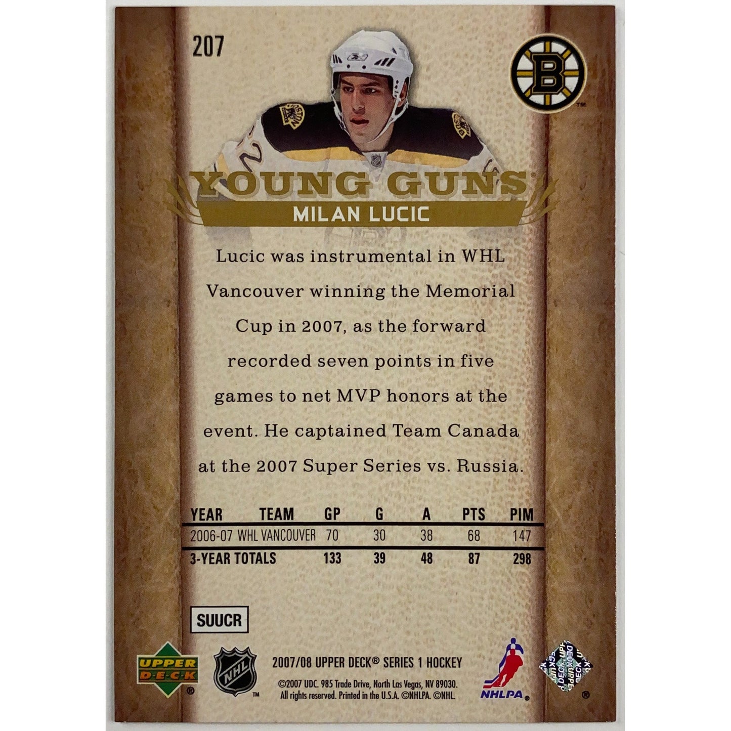 2007-08 Upper Deck Series 1 Milán Lucic Young Guns | Local Legends Cards & Collectibles