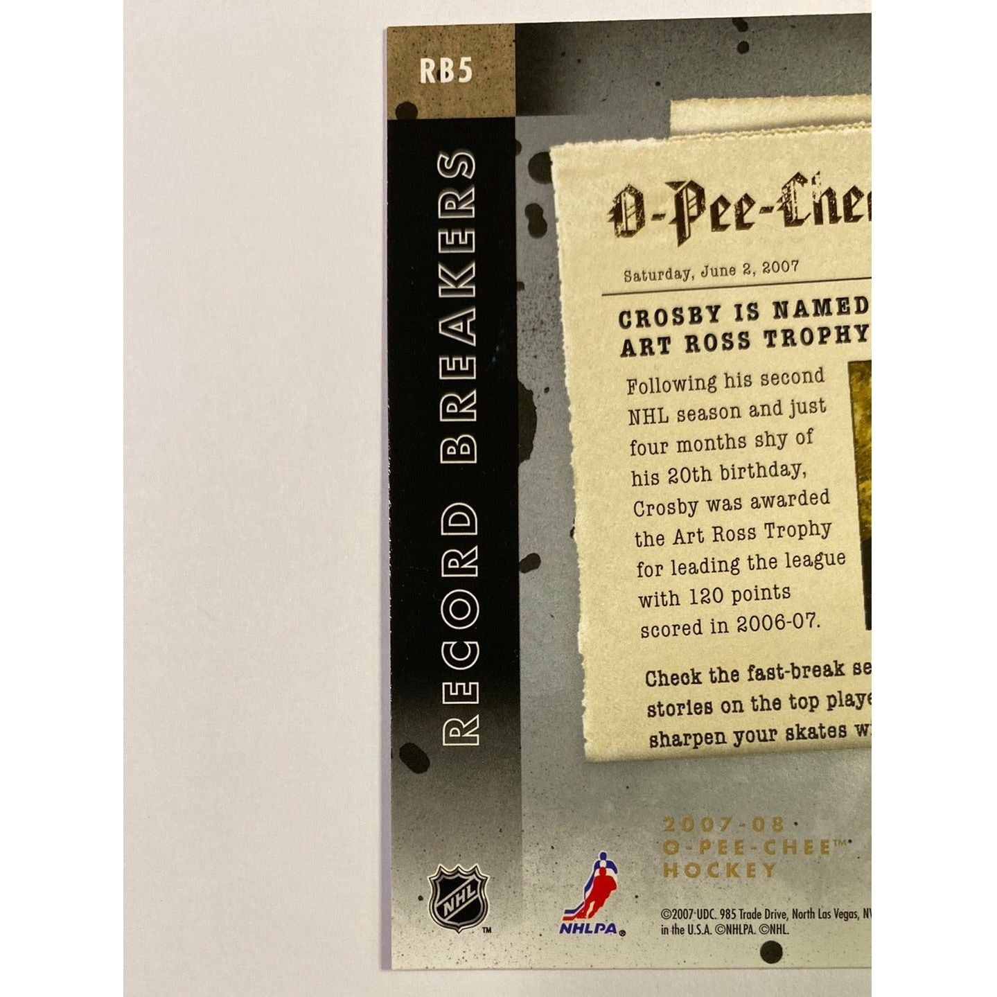 2007-08 O-Pee-Chee Sidney Crosby Record Breakers | Local Legends Cards & Collectibles