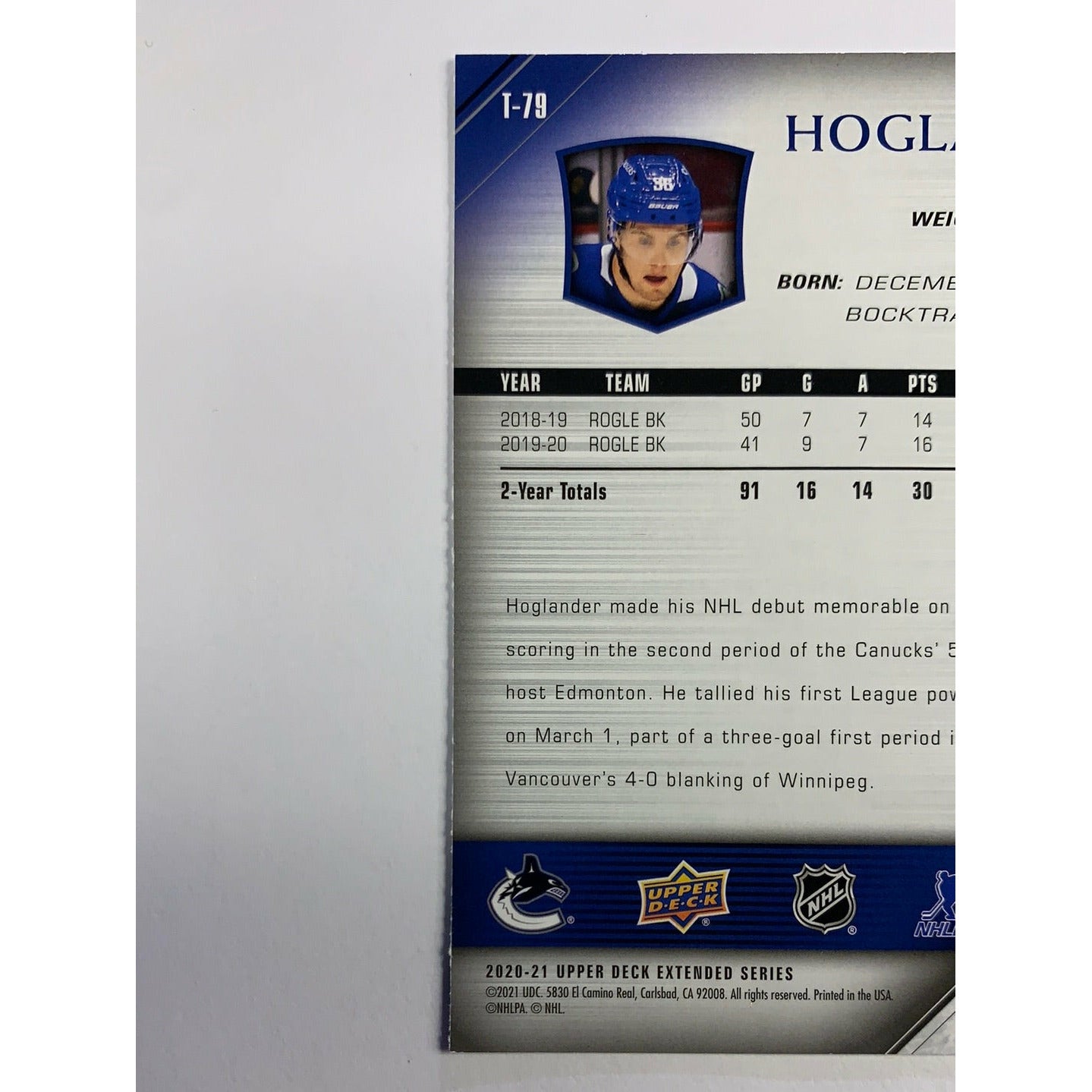 2020-21 Upper Deck Extended Series Nils Hoglander Young Guns Tribute | Local Legends Cards & Collectibles