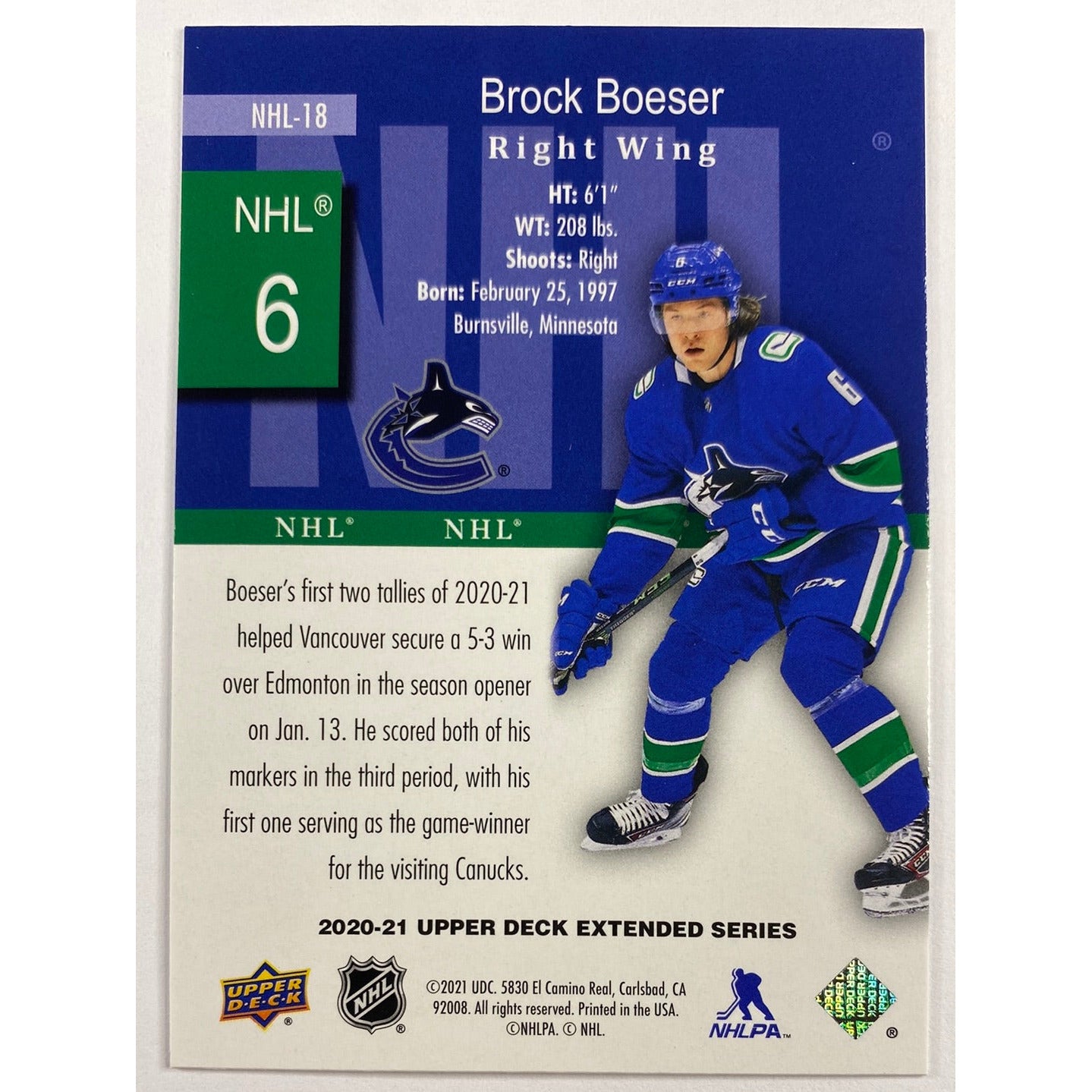 2020-21 Upper Deck Extended Series Brock Boeser HoloGrFx | Local Legends Cards & Collectibles