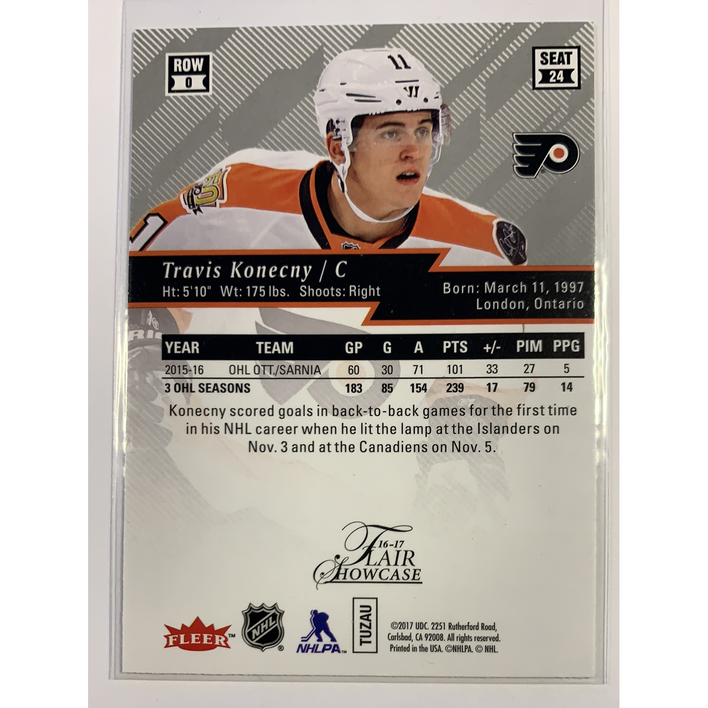 2016-17 Fleer Flair Showcase Travis Konecny Rookie Card Local Legends Cards & Collectibles