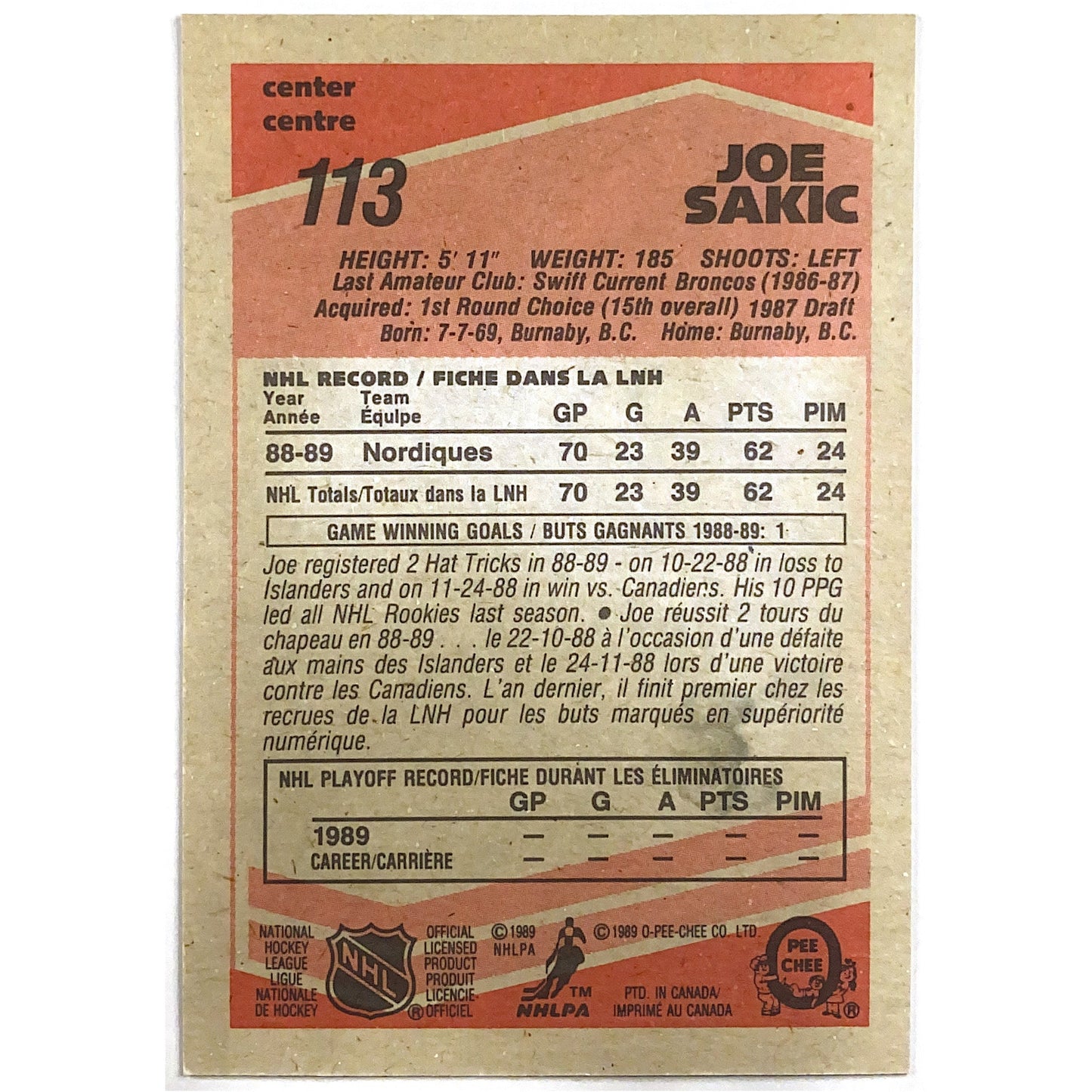 1989 O-Pee-Chee Joe Sakic Rc | Local Legends Cards & Collectibles