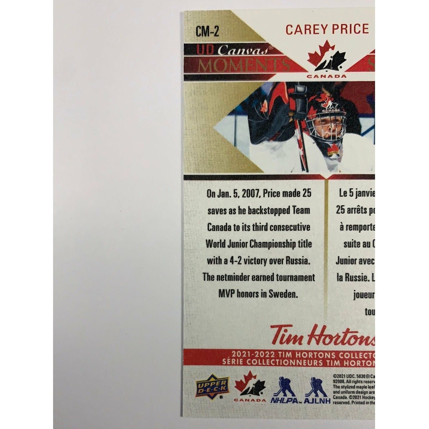 2021-22 Tim Hortons Carey Price Canvas Moments