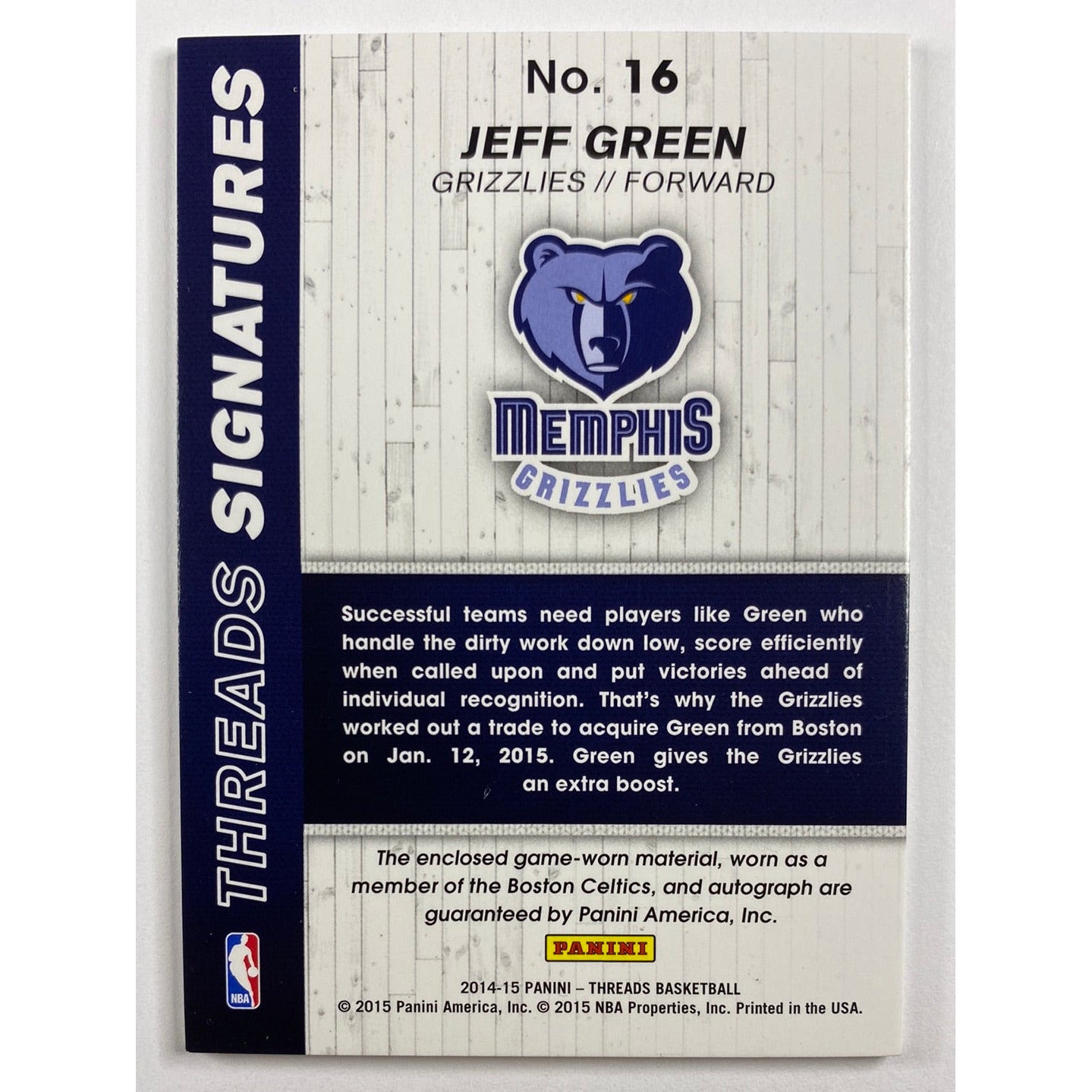 2014-15 Threads Jeff Green Threads Signatures 02/99 | Local Legends Cards & Collectibles