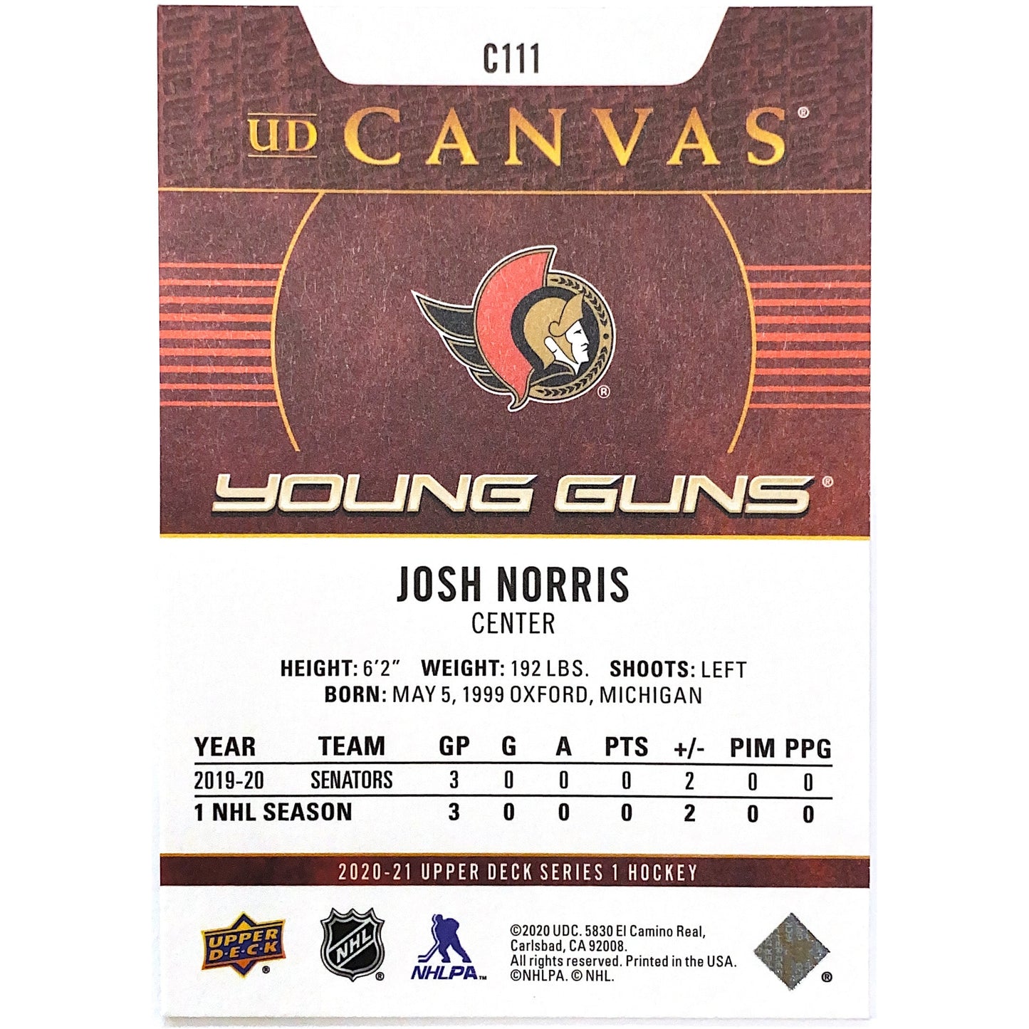 2020-21 Upper Deck Series 1 Josh Norris Young Guns Canvas | Local Legends Cards & Collectibles