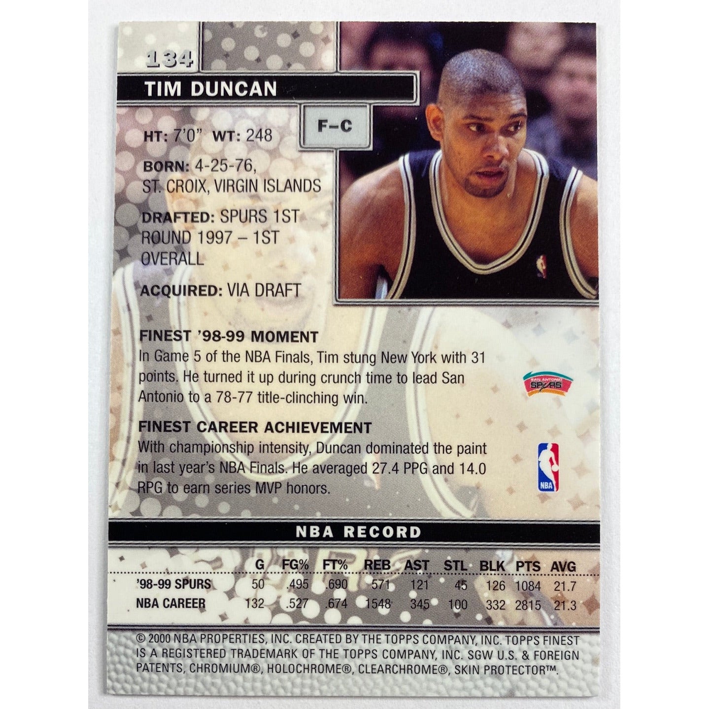 1999-00 Topps Finest Tim Duncan Skin On | Local Legends Cards & Collectibles