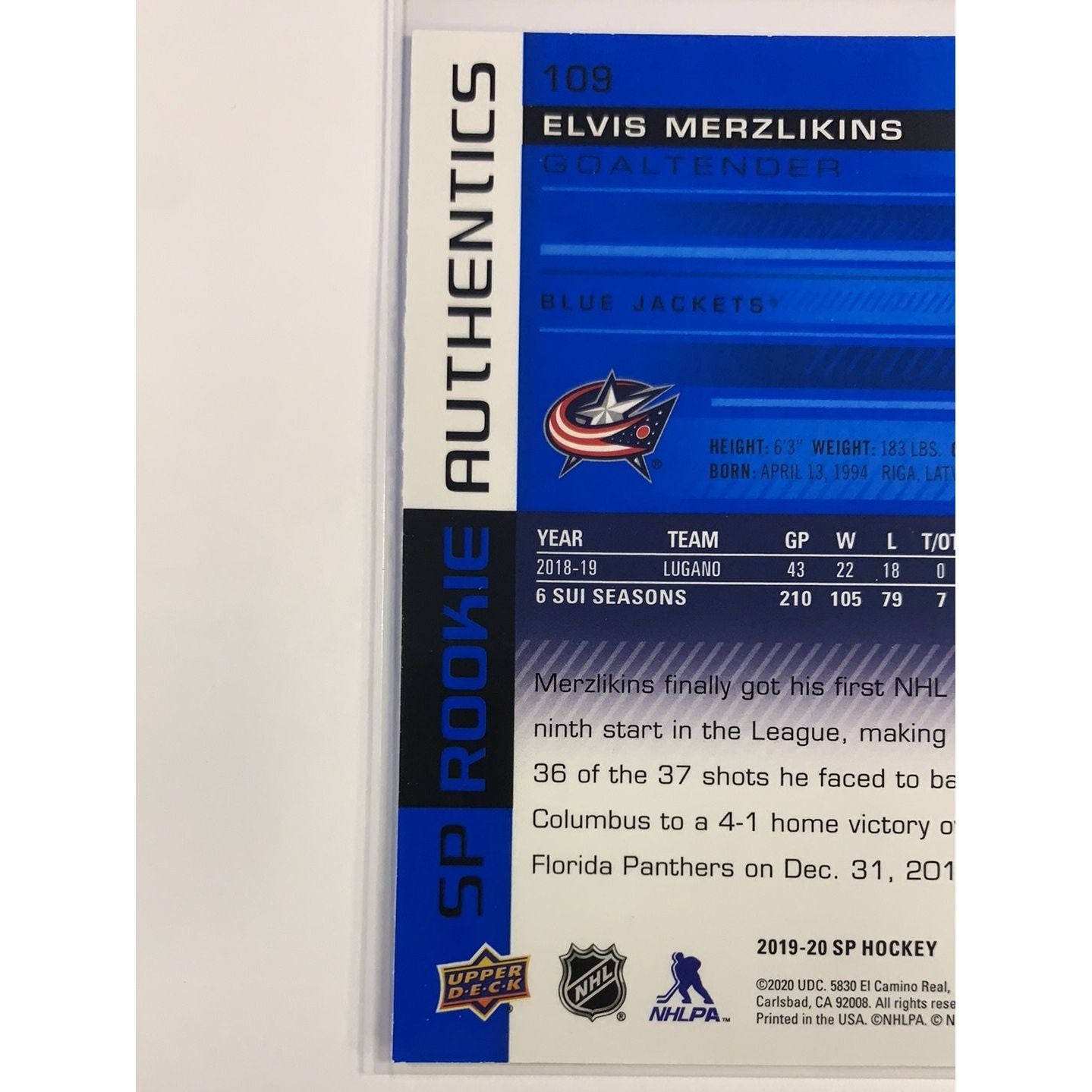 2019-20 SP Elvis Merzlikins Rookie Authentics | Local Legends Cards & Collectibles