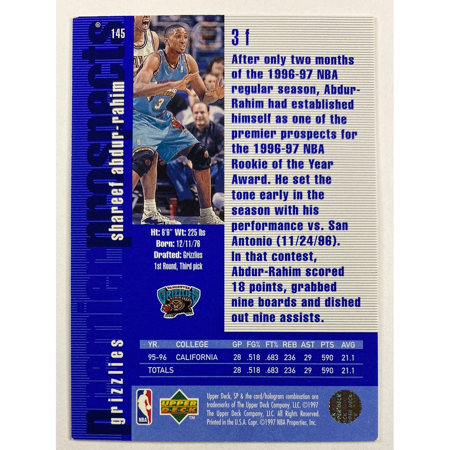 1996-97 SP Shareef Abdur-Rahim Premier Prospects | Local Legends Cards & Collectibles