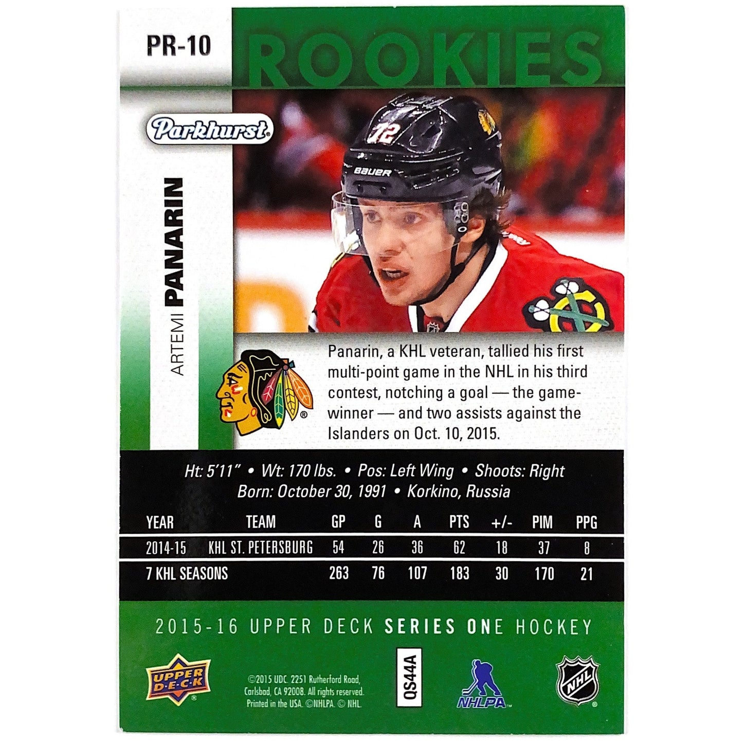 2015-16 Upper Deck Series 1 Artemi Panarin Parkhurst Rookies
