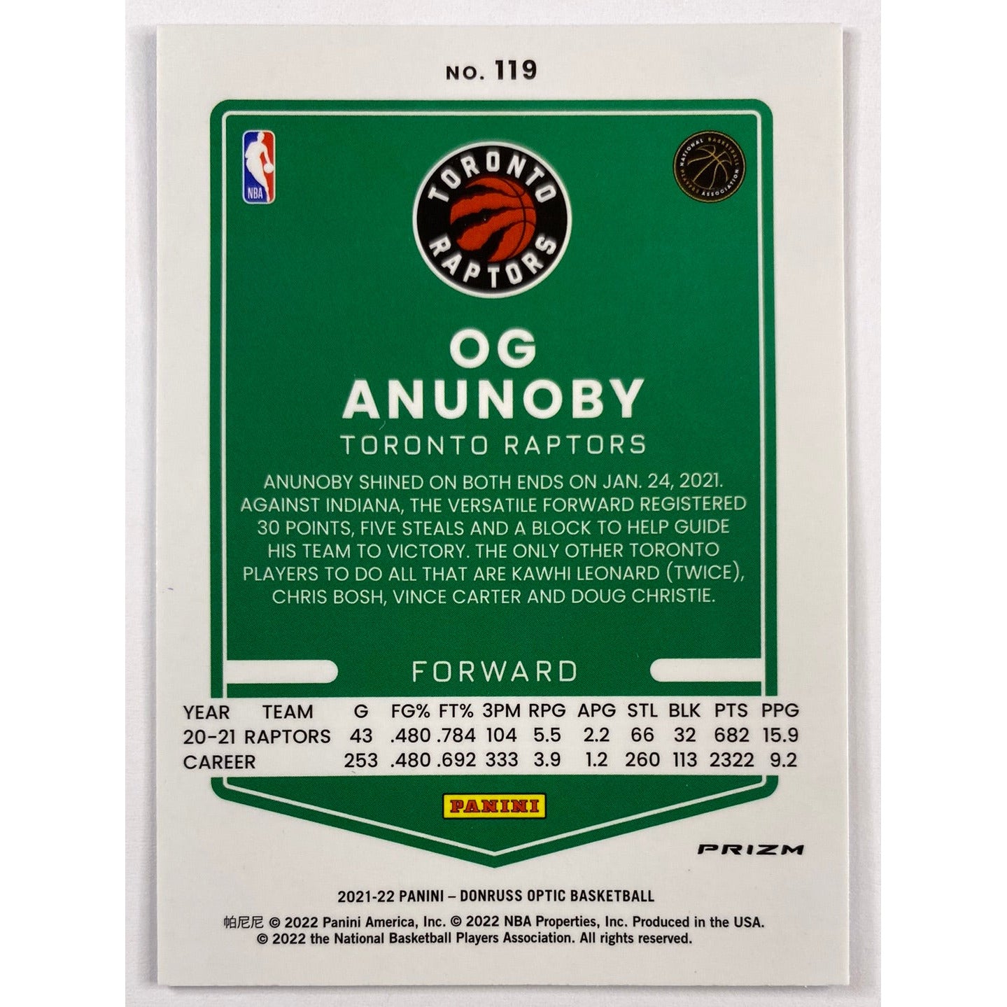 2021-22 Donruss Optic OG Anunoby Blue Velocity Prizm | Local Legends Cards & Collectibles