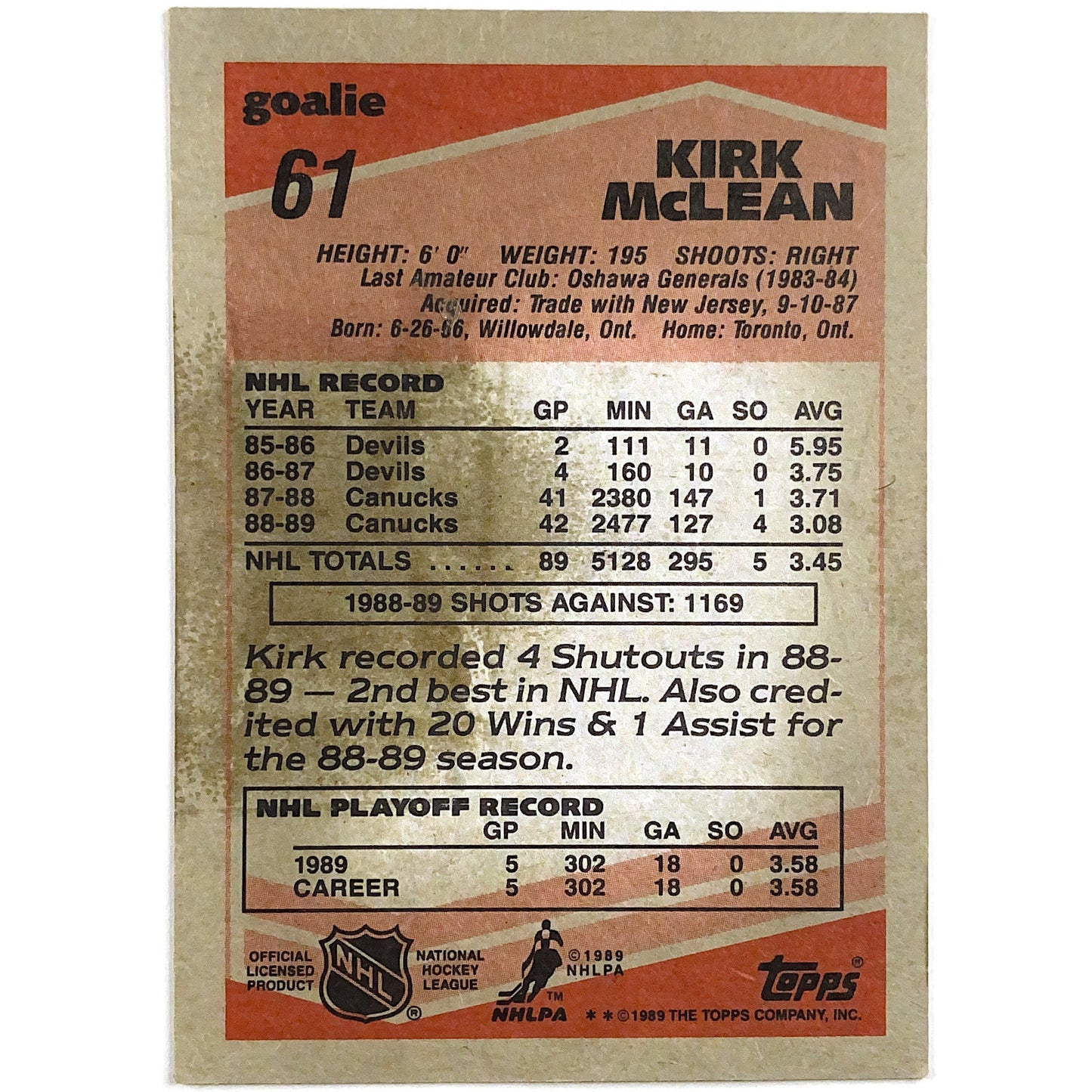 1989-90 O-Pee-Chee Kirk McLean RC | Local Legends Cards & Collectibles