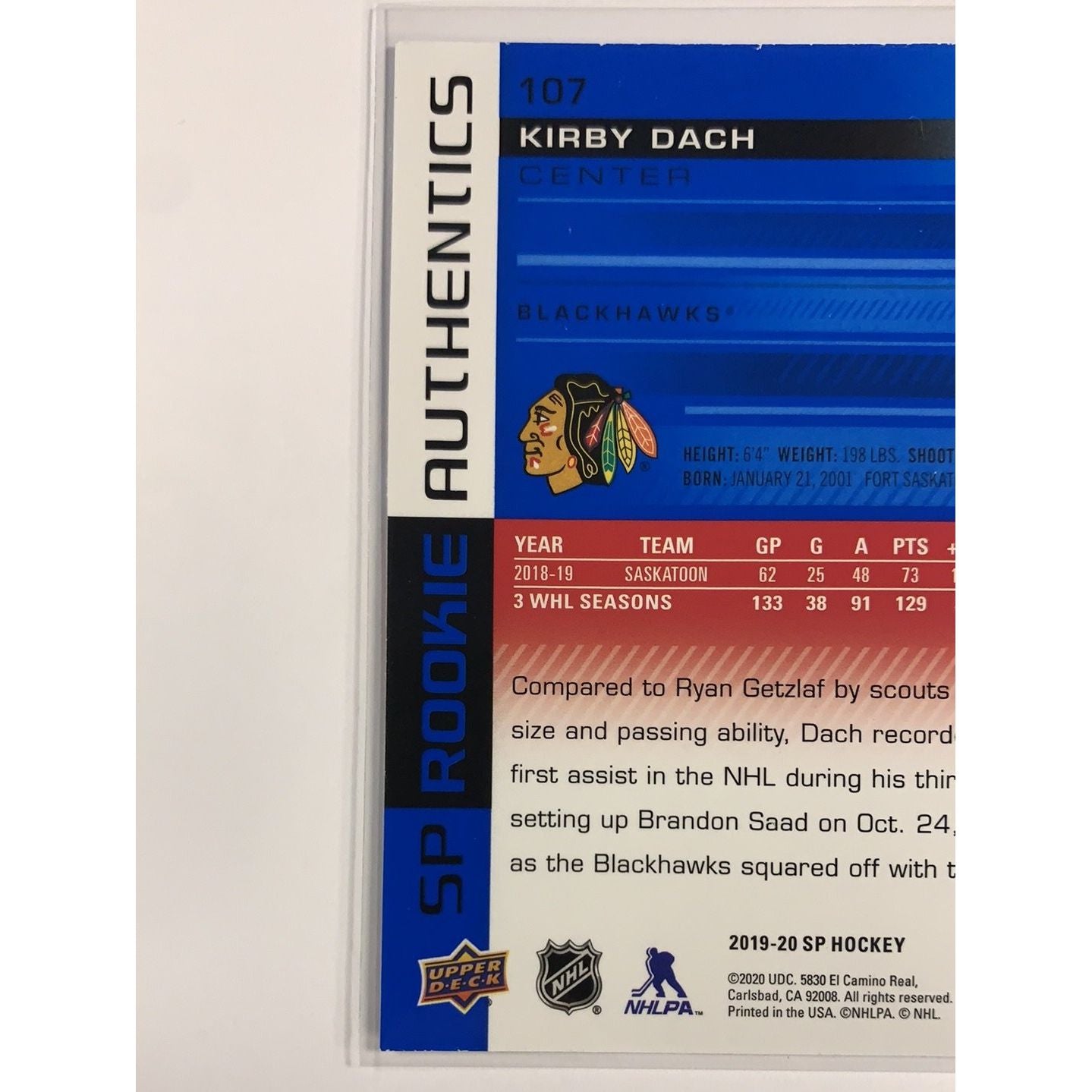 2019-20 SP Kirby Dach Rookie Authentics Blue Parallel | Local Legends Cards & Collectibles