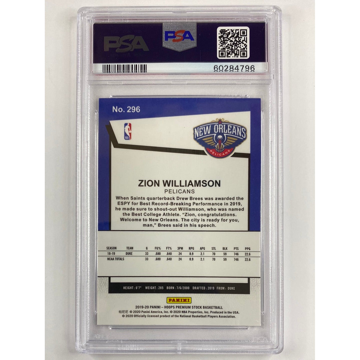2019-20 Hoops Premium Stock Zion Williamson Tribute RC PSA 9 MINT | Local Legends Cards & Collectibles