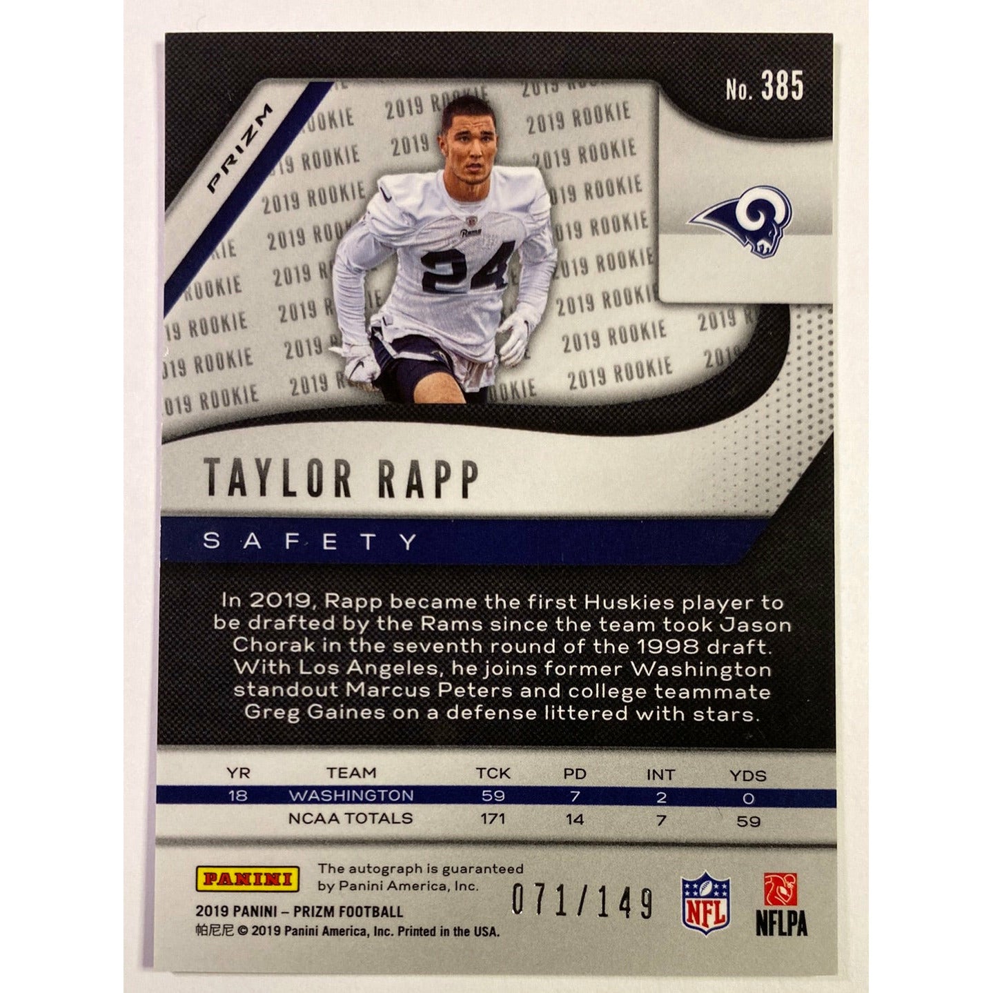 2019 Panini Prizm Taylor Rapp Red Wave Prizm Auto RC /149