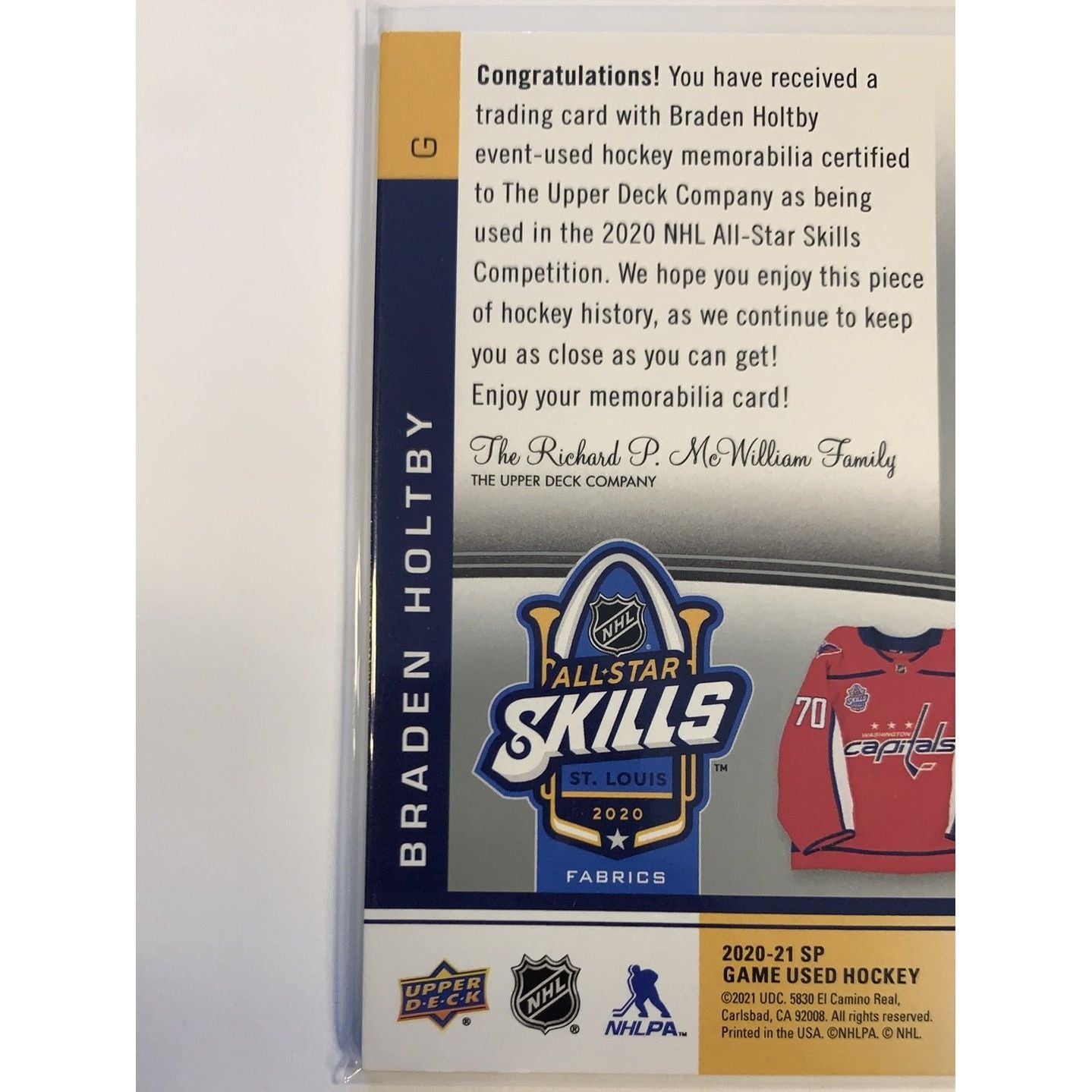 2020-21 SP Game Used Braden Holtby All Star Skills Fabrics | Local Legends Cards & Collectibles