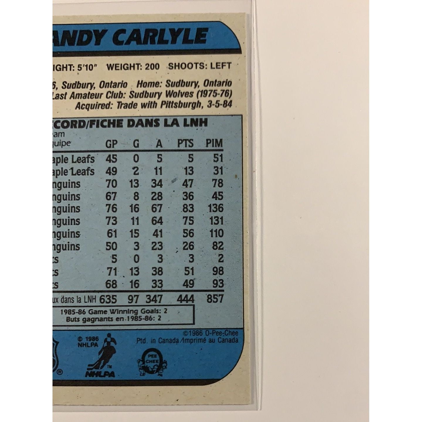 1986-87 O-Pee-Chee Randy Carlyle base #144 Local Legends Cards & Collectibles