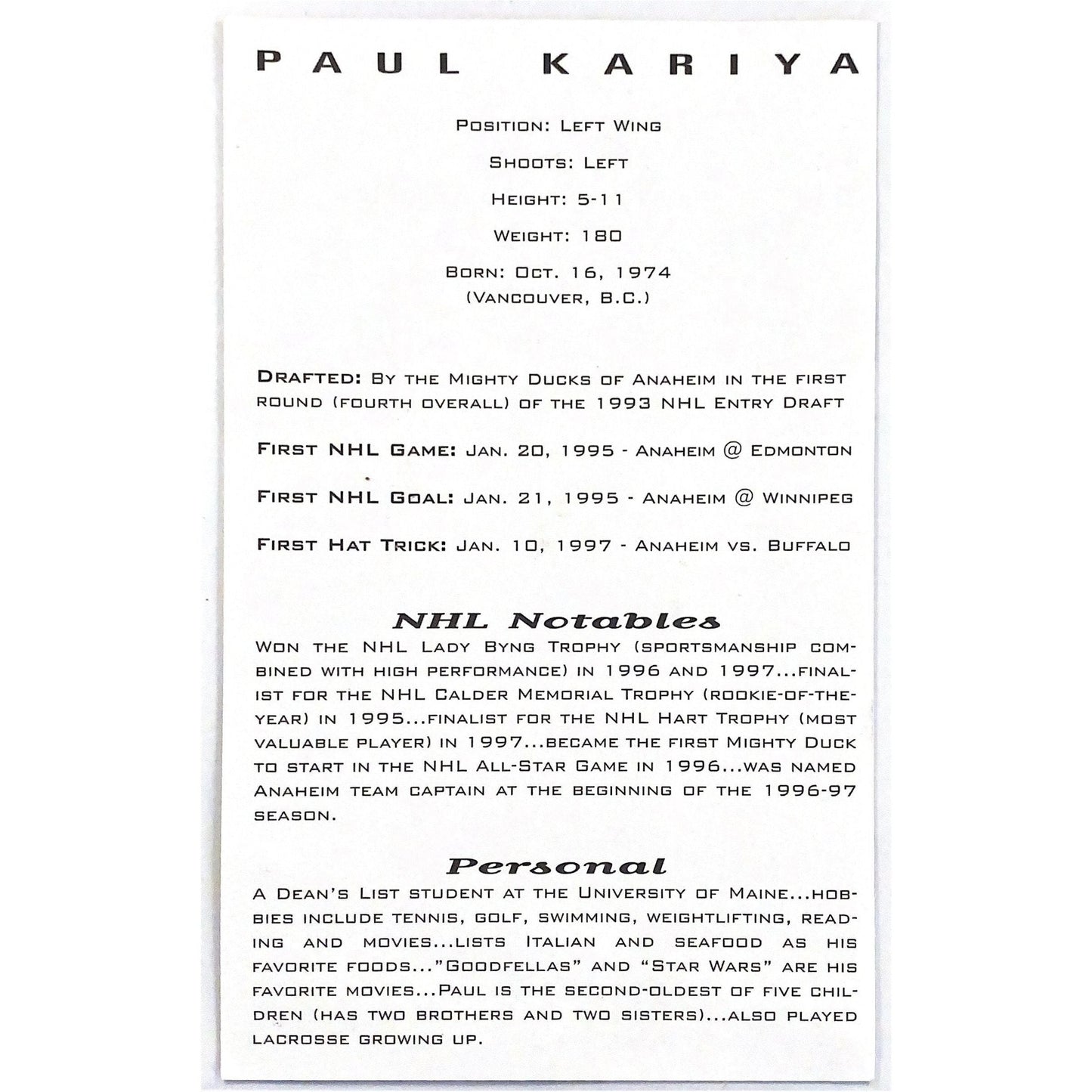 Signed Paul Kariya Photograph Card 5.5”x8.5” - Info on Back | Local Legends Cards & Collectibles