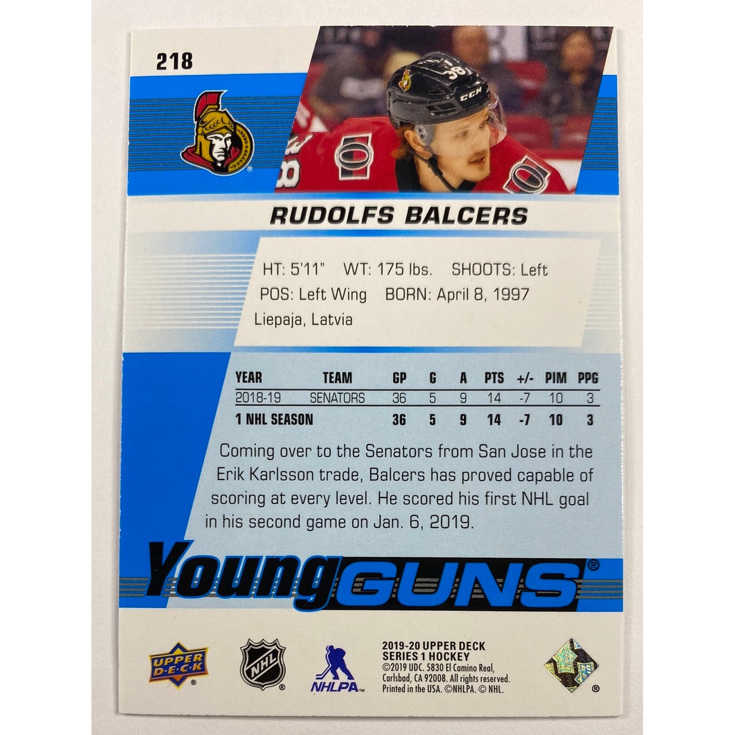 2019-20 Upper Deck Series 1 Rudolfs Balcers Young Guns | Local Legends Cards & Collectibles