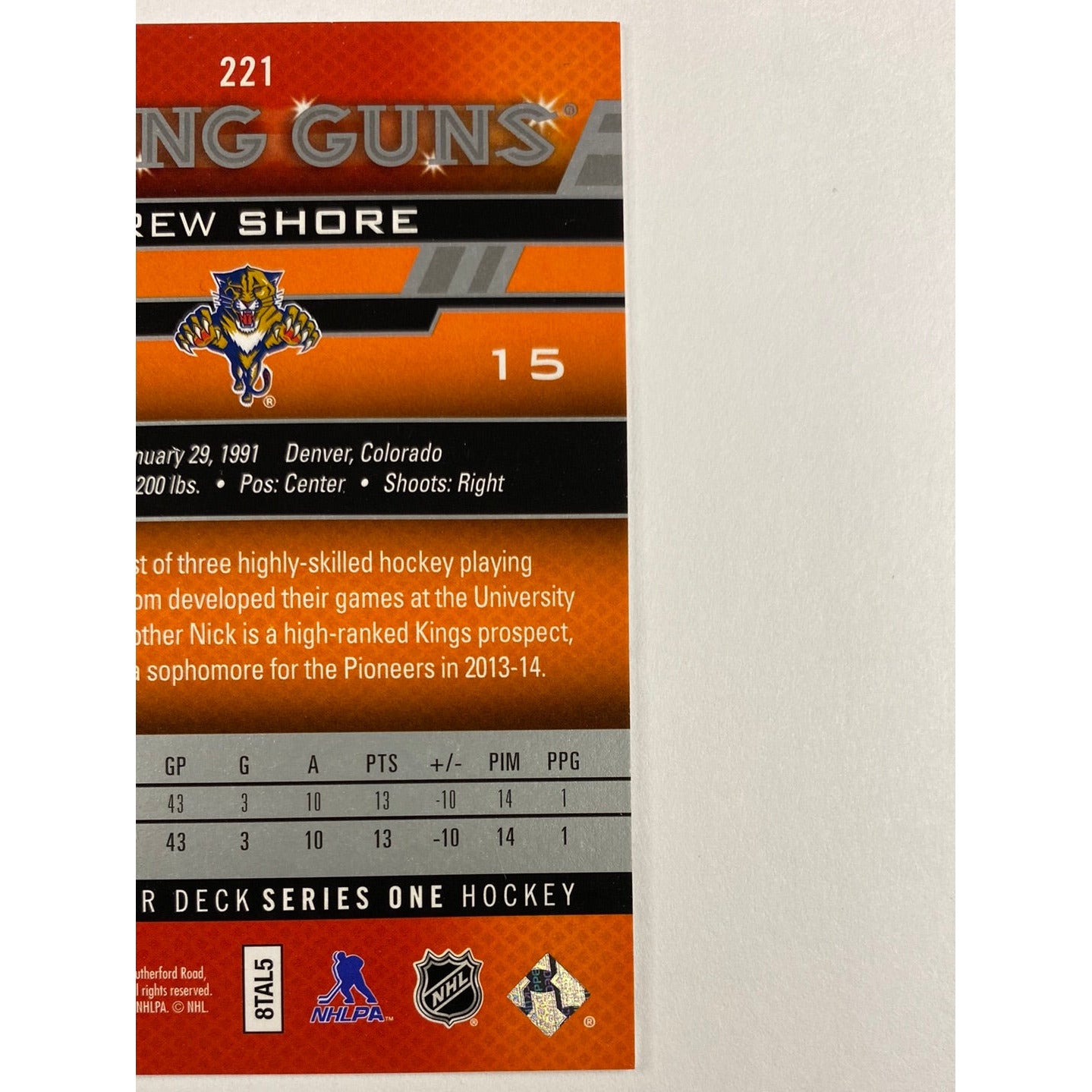 2013-14 Upper Deck Series 1 Drew Shore Young Guns | Local Legends Cards & Collectibles