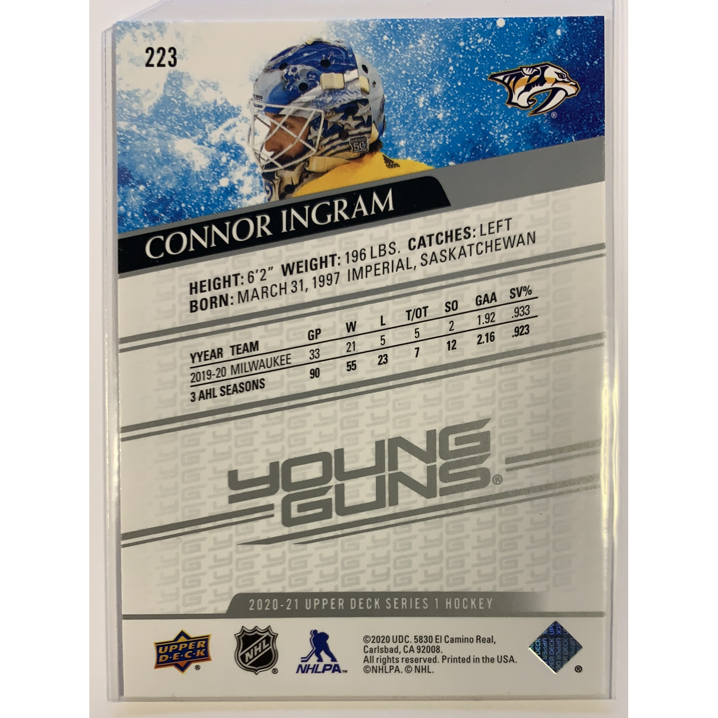 2020-21 Upper Deck Series 1 Connor Ingram Young Guns | Local Legends Cards & Collectibles