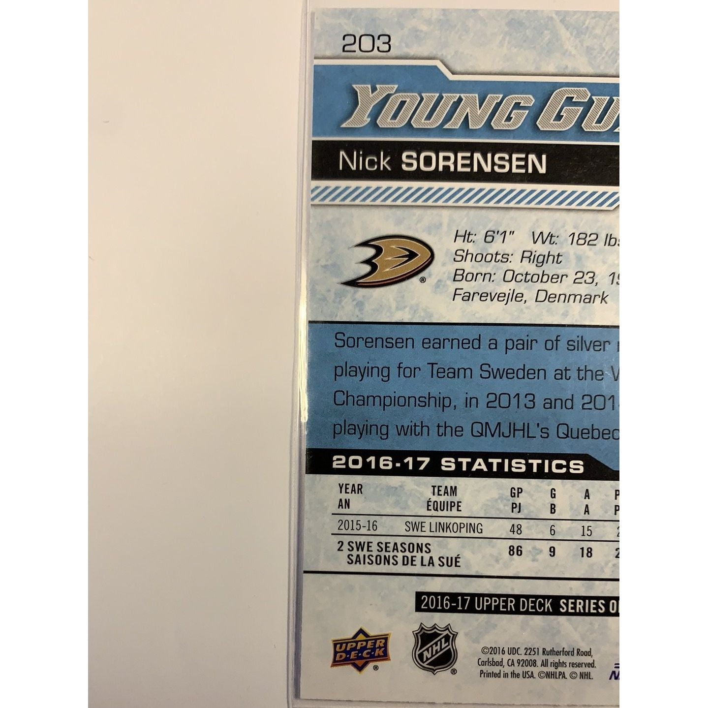 2016-17 Upper Deck Series 1 Nick Sorensen Young Guns | Local Legends Cards & Collectibles