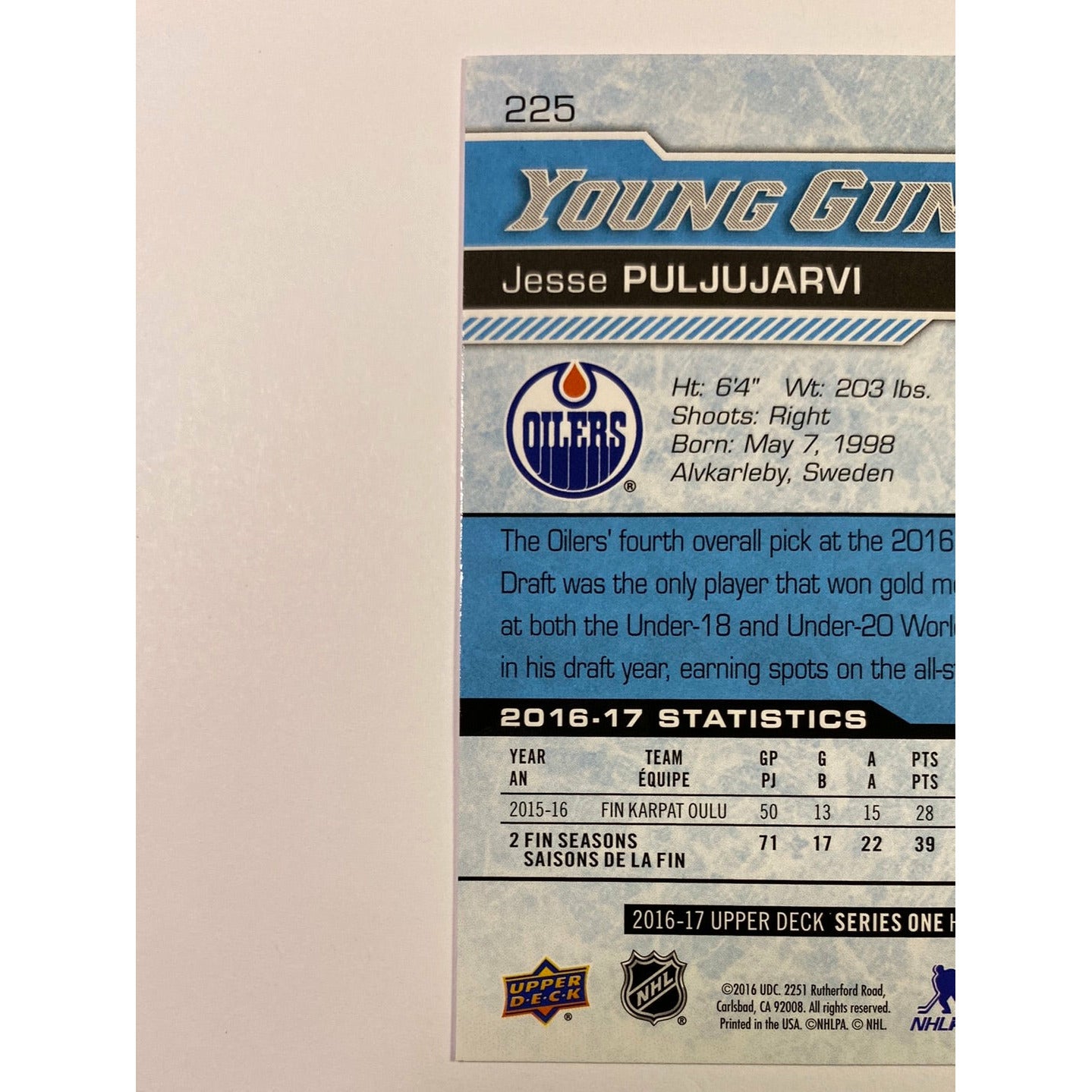 2016-17 Upper Deck Series 1 Jesse Puljujarvi Young Guns | Local Legends Cards & Collectibles