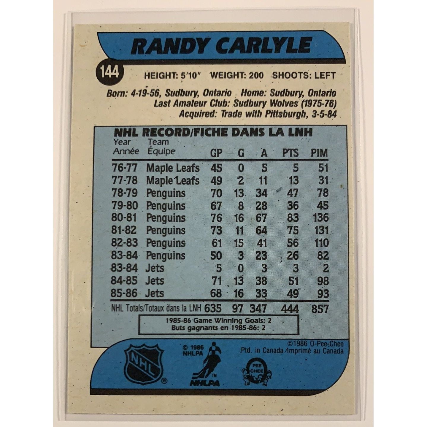 1986-87 O-Pee-Chee Randy Carlyle base #144 Local Legends Cards & Collectibles