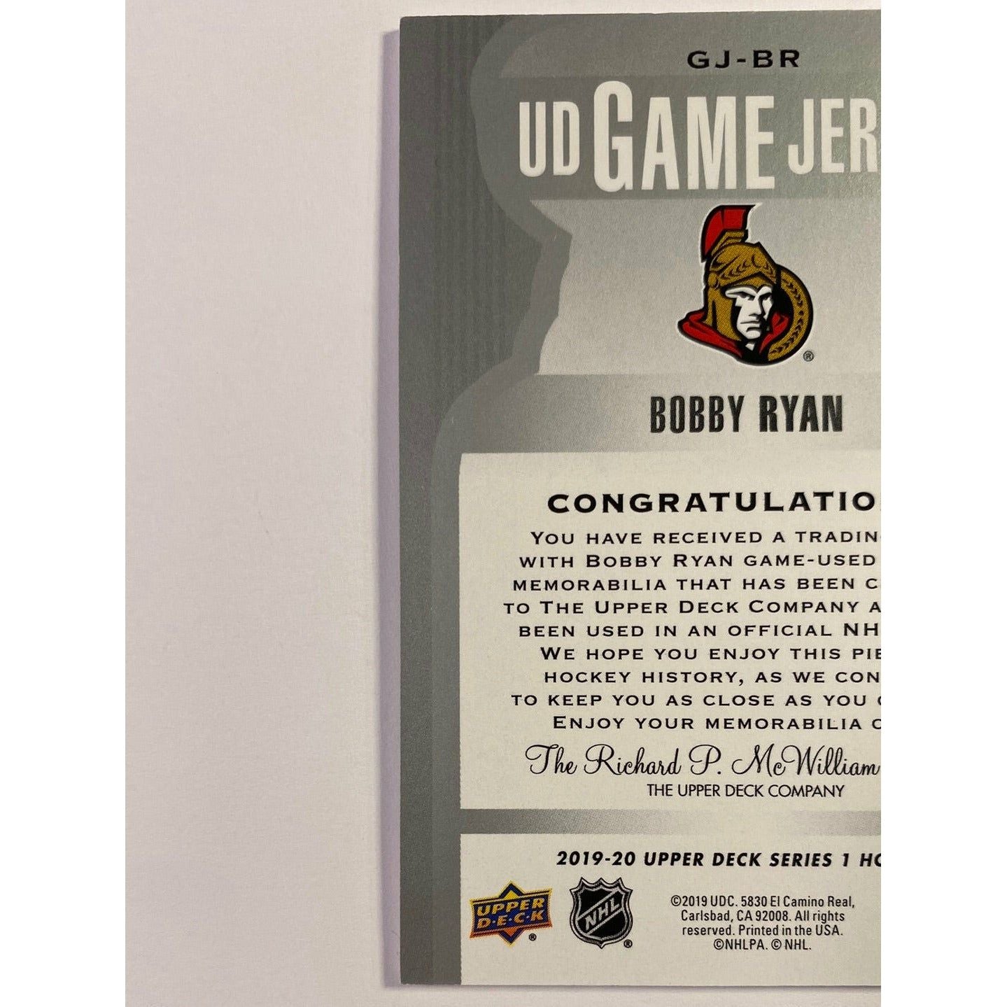 2019-20 Upper Deck Series 1 Bobby Ryan UD Game Jersey | Local Legends Cards & Collectibles