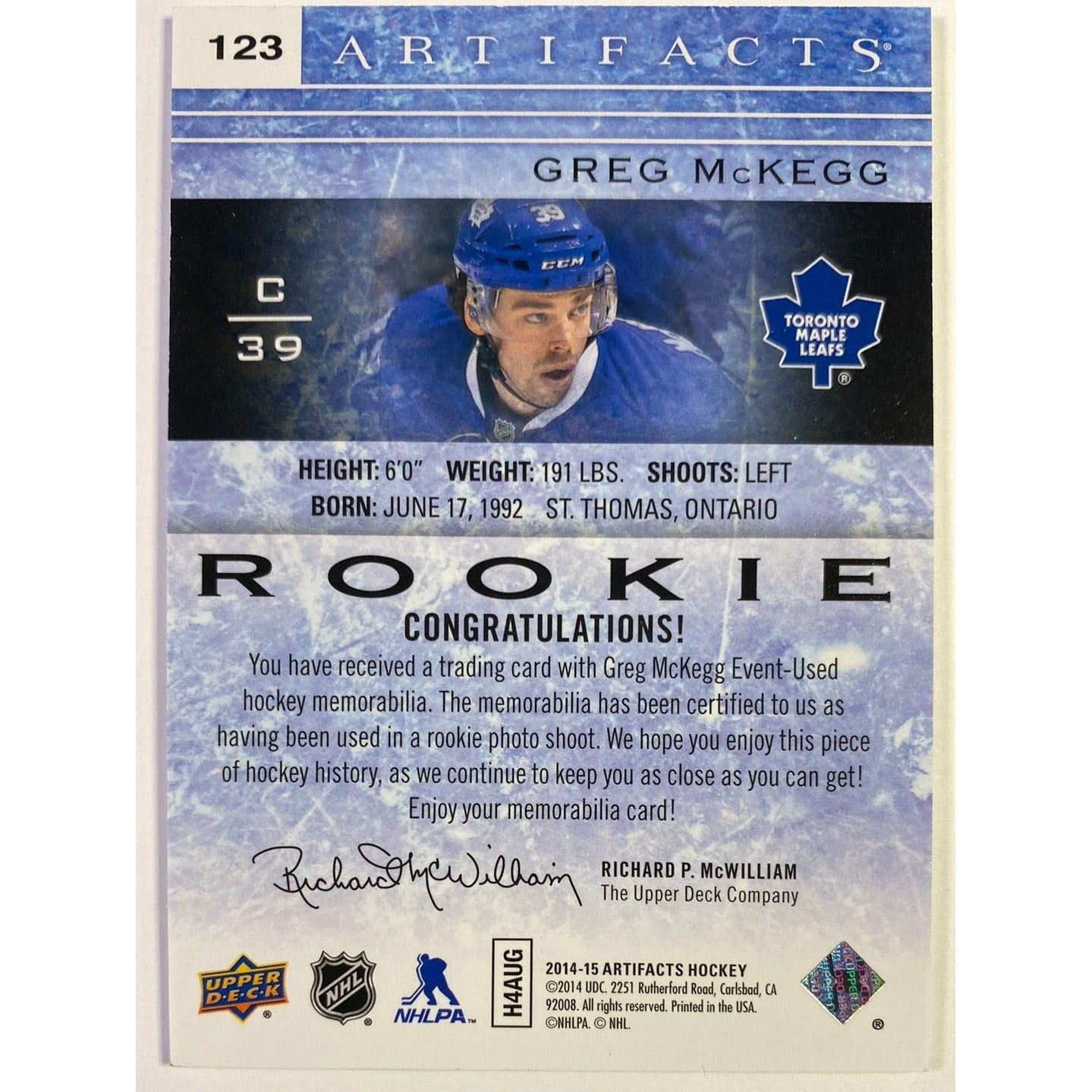 2014-15 Artifacts Greg Mckegg Rookie Jersey Patch /399