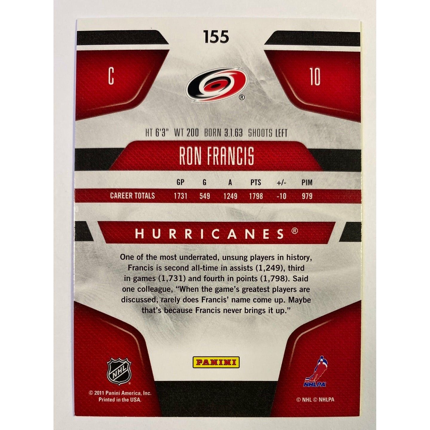 2011-12 Panini Certified Immortals Ron Francis
