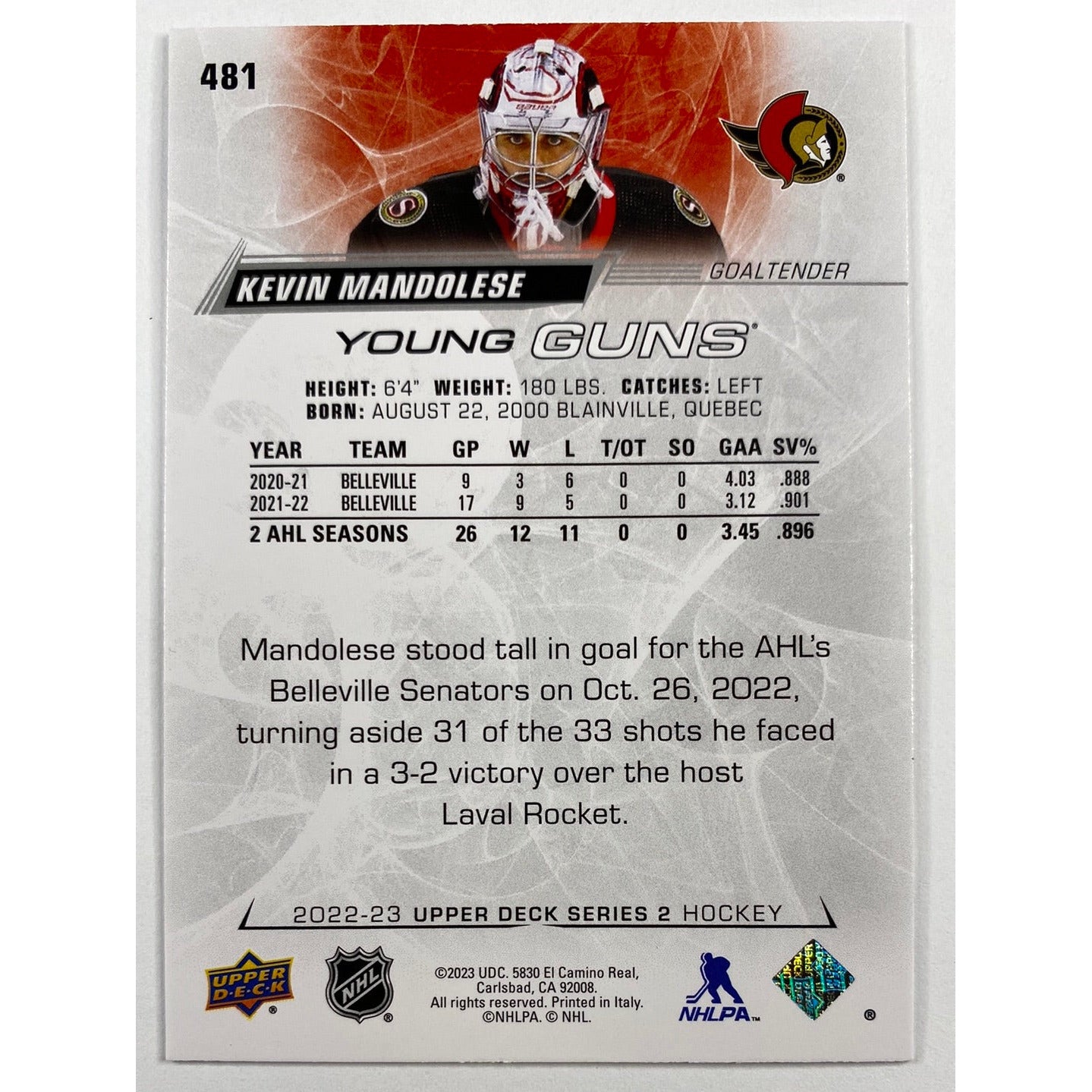 2022-23 Series 2 Kevin Mandolese Young Guns | Local Legends Cards & Collectibles