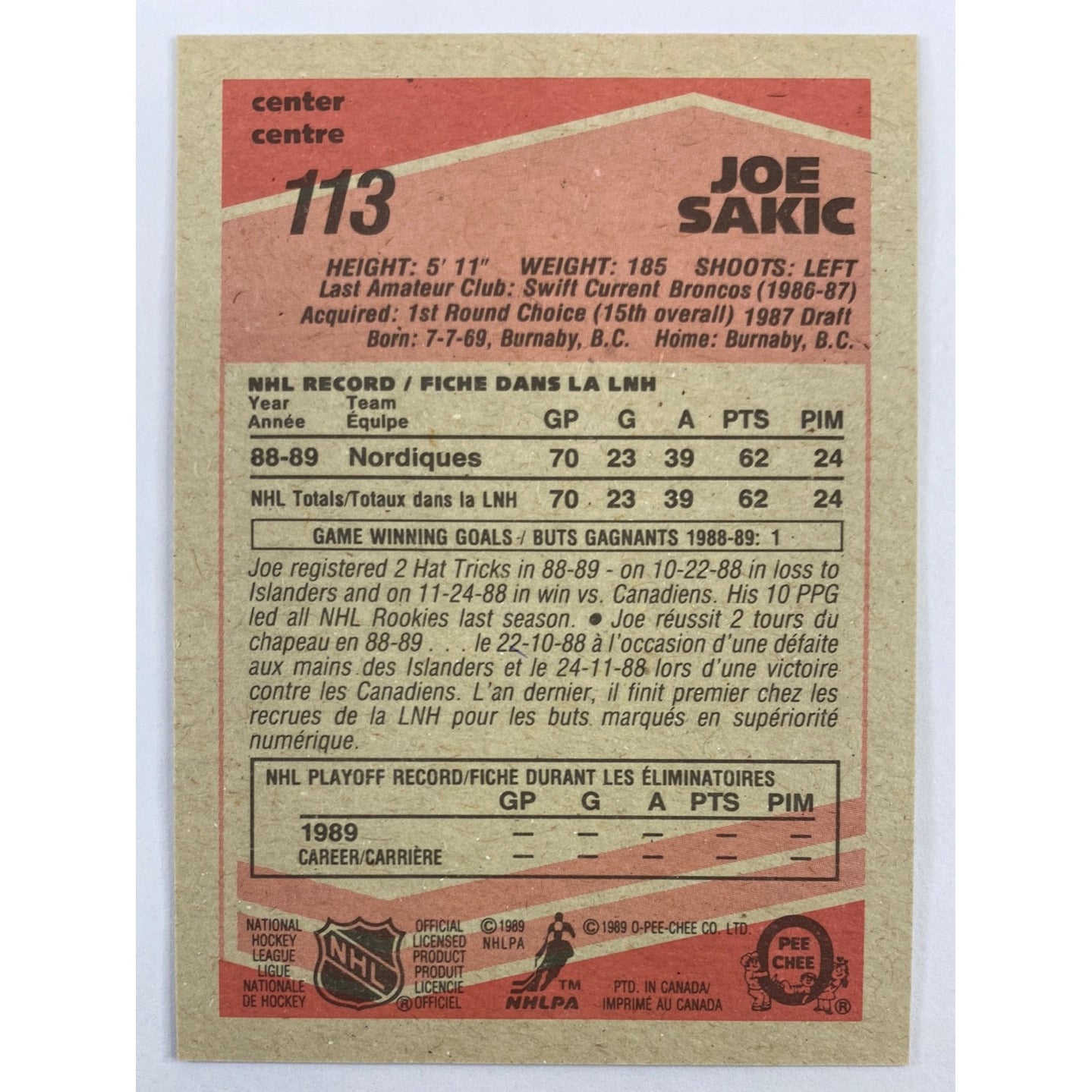 1989-90 O-Pee-Chee Joe Sakic RC | Local Legends Cards & Collectibles