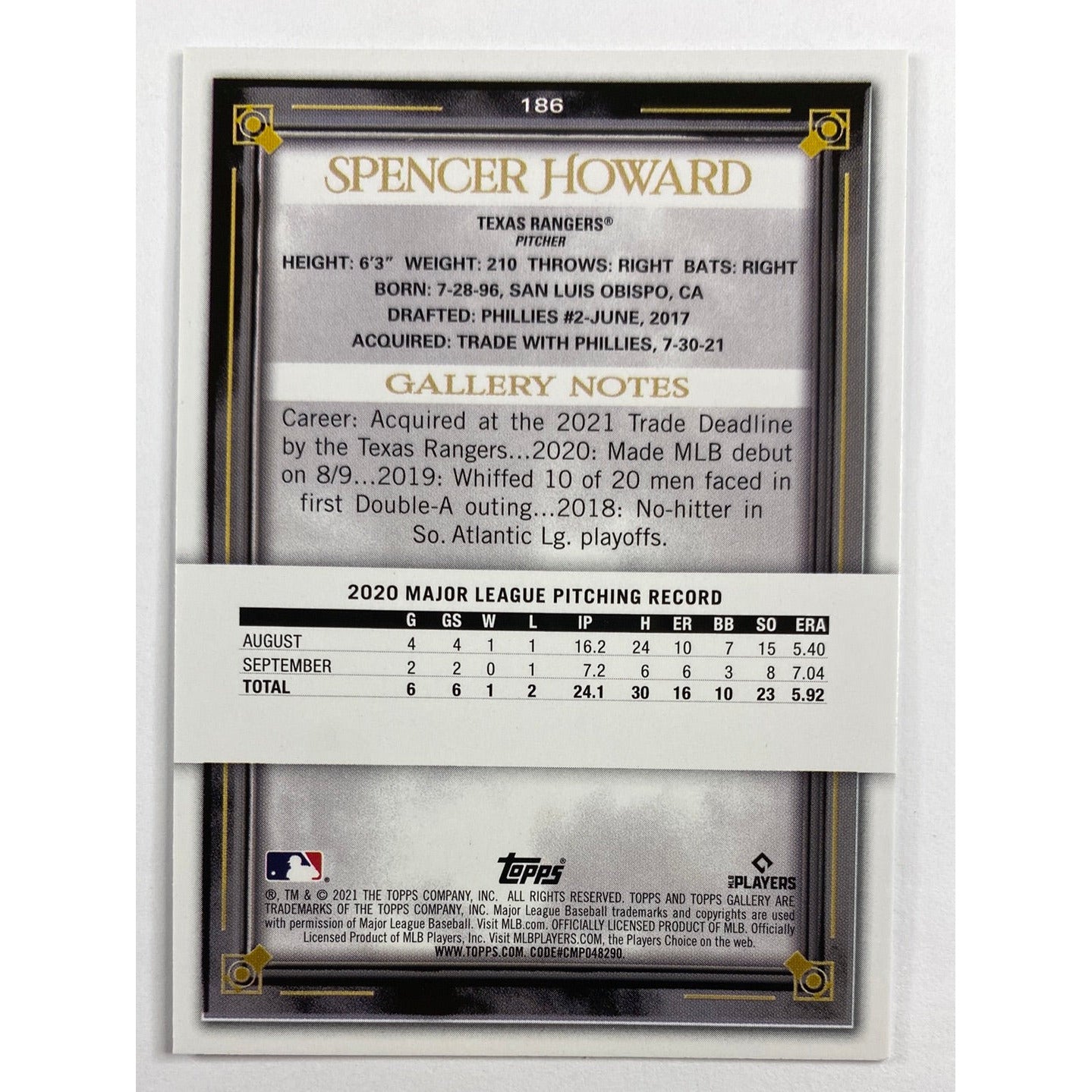 2021 Topps Gallery Spencer Howard Foil RC | Local Legends Cards & Collectibles