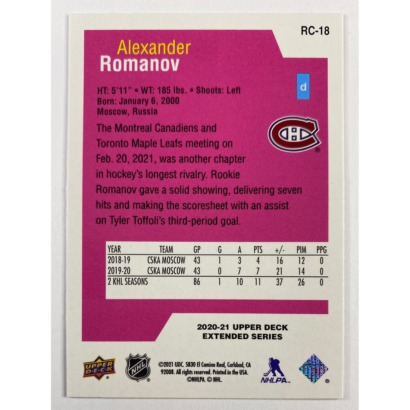 2020-21 Upper Deck Extended Series Alexander Romanov Special Edition RC | Local Legends Cards & Collectibles