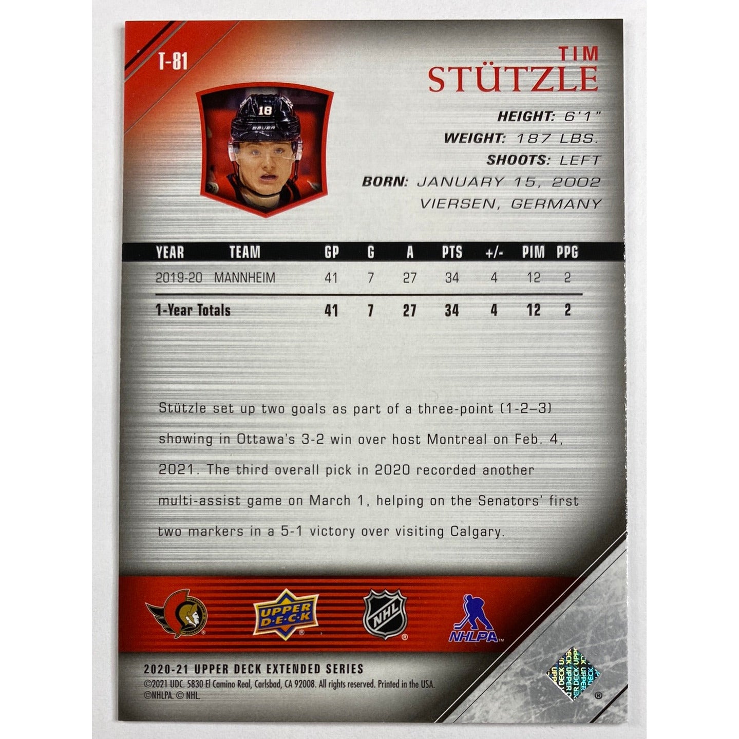 2020-21 Upper Deck Extended Series Tim Stutzle Retro Young Guns | Local Legends Cards & Collectibles